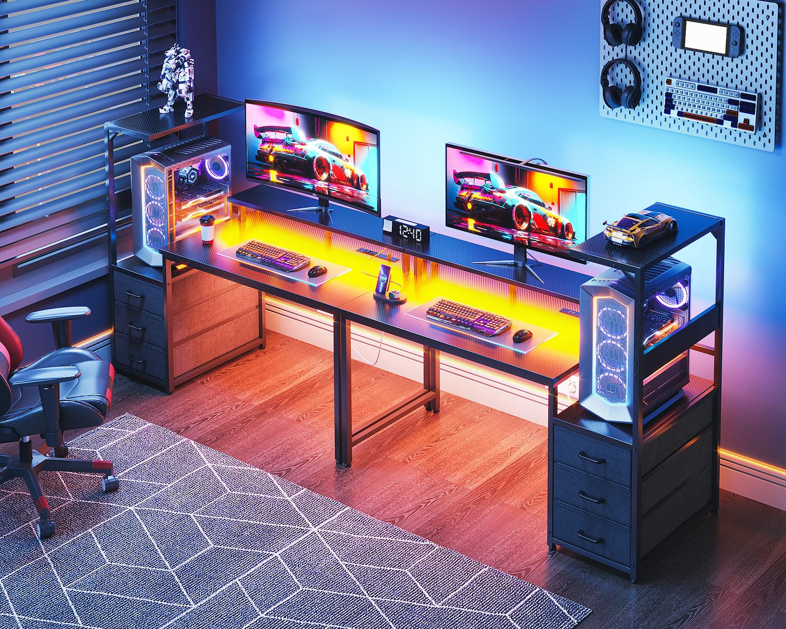 AODK 59 Inch Gaming Desk with USB Charging Ports & LED Light- Reversible Computer Desk with Storage Shelves & Monitor Stand, Modern Gamer Desk Table with Fabric Drawers & Side Hook, Carbon Fiber Pink