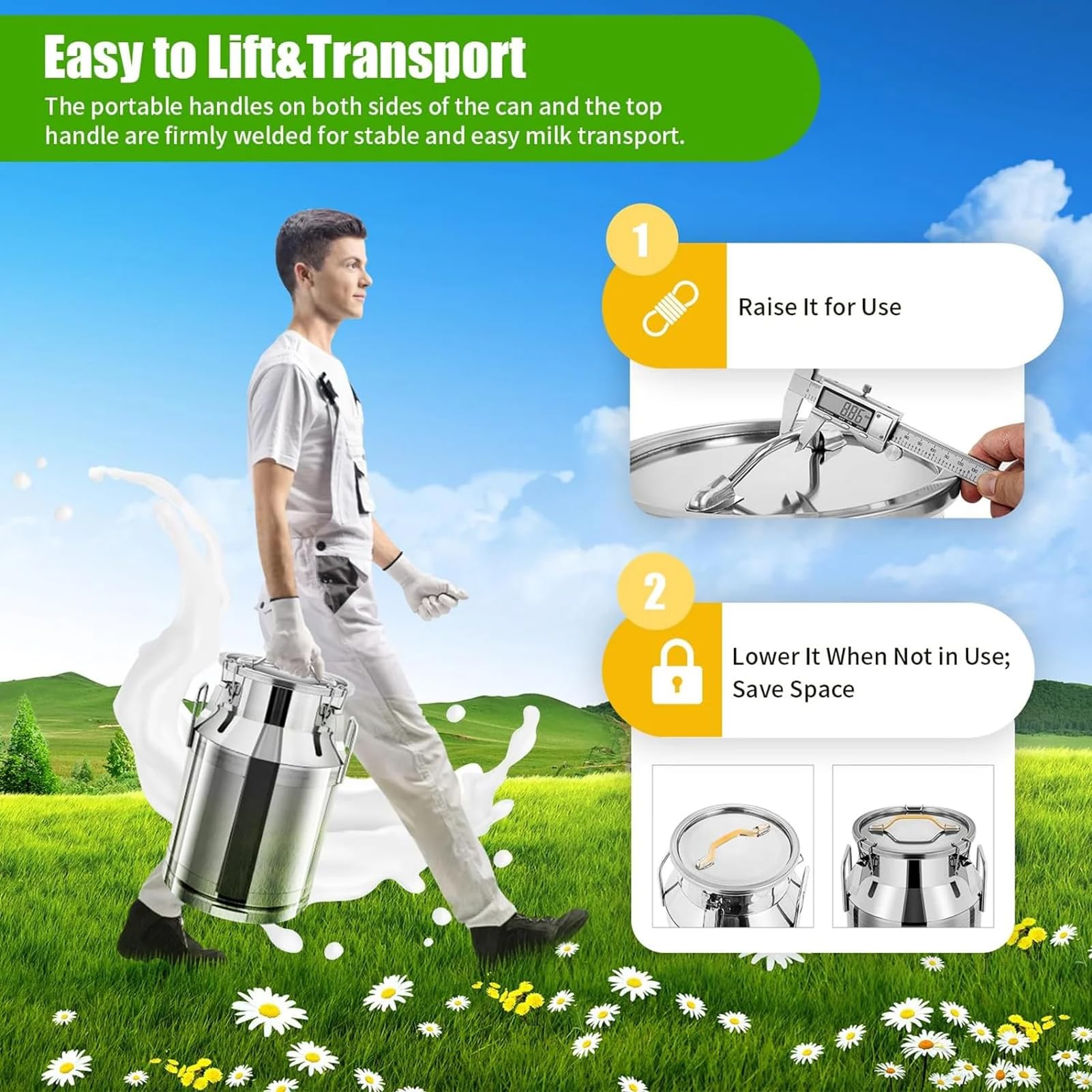 Contenedor de almacenamiento de líquidos de acero inoxidable con tapa sellada y asa de transporte para un transporte y almacenamiento seguros