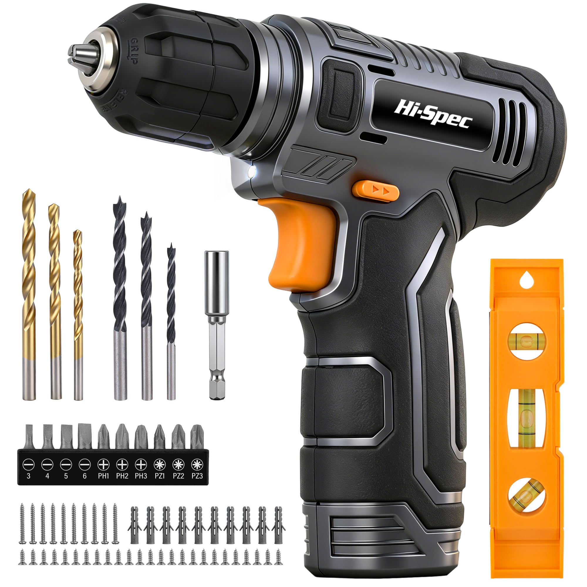 Hi-Spec Perceuse-Visseuse Sans Fil 8V avec Kit 75 pcs, Recharge USB, Batterie 1500mAh, Couple 10Nm, Vitesse 800 tr/min, LED, Légère pour Bricolage Maison, Gris