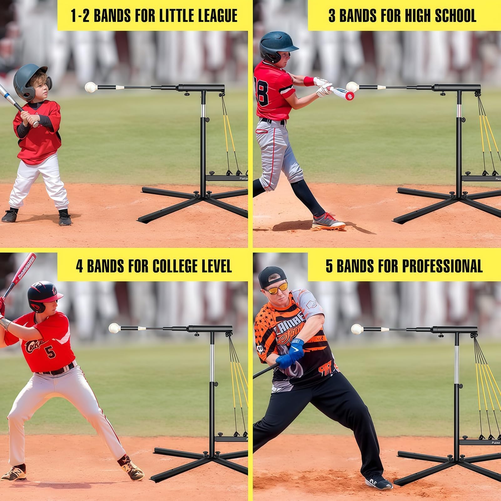 Trener do swingów w baseballu i softballu, automatyczny sprzęt treningowy do baseballu z 5 taśmami oporowymi, poprawia technikę uderzenia i wydajność w grze