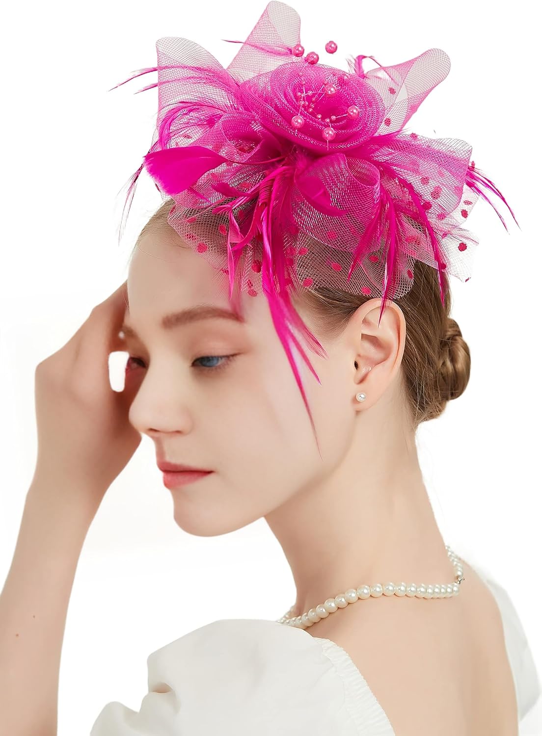SHUERIET Fascinators Hat Flower Mesh Veil Ribbons Feathers on a Headband and a Clip Tea Party
