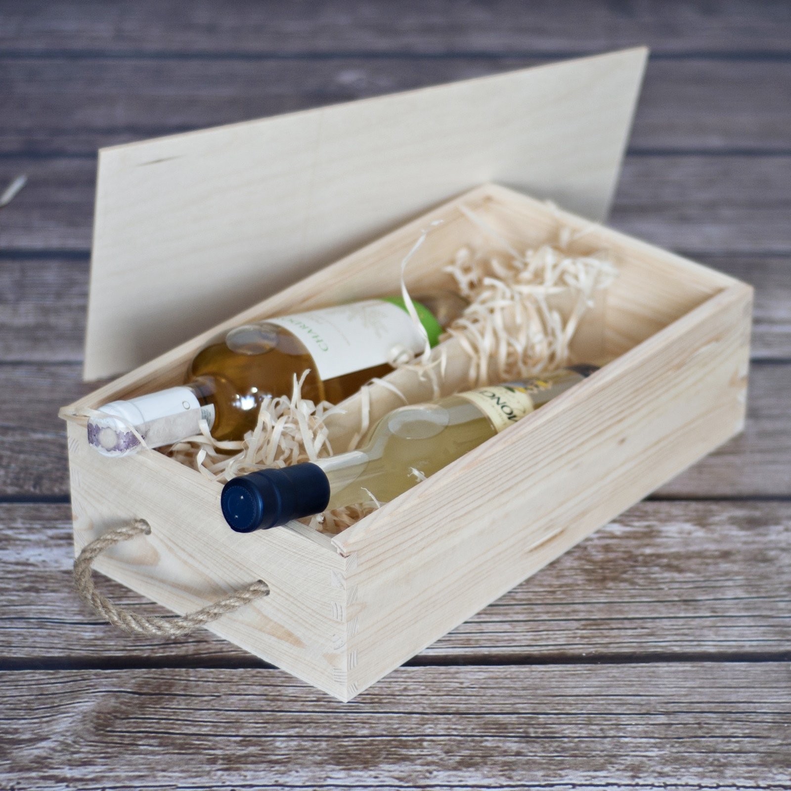 Creative Deco Scatola in Legno per il Vino | 2 Bottiglie | Manico Corda e Coperchio Scorrevole | 35 x 21 x 11 (+/- 1cm) | Cassetta Confezione Perfetta per Decoupage Stoccaggio Decorazione o Regalo