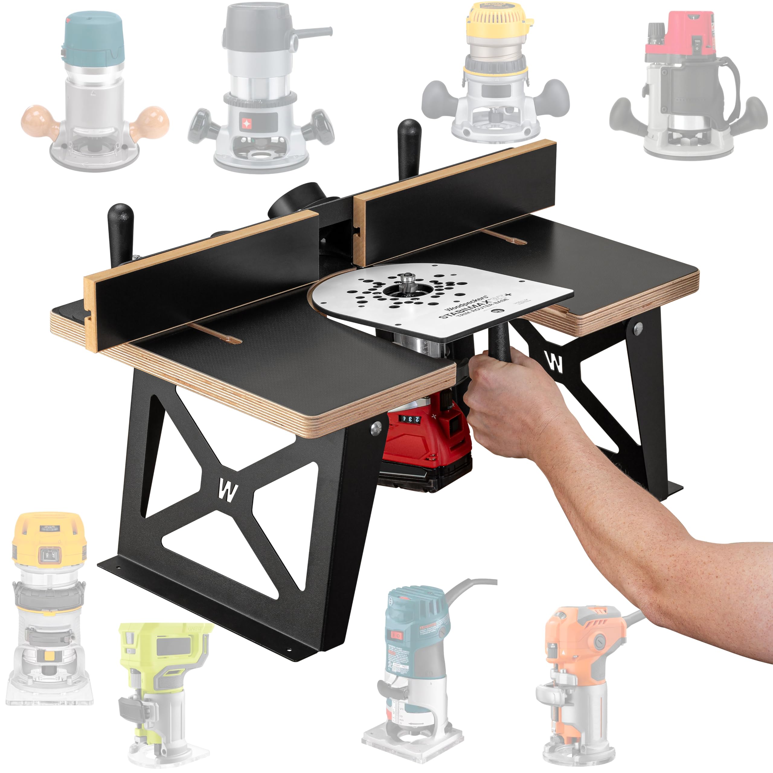 Woodpeckers StabilMaxRT+ Router Table System, USA Made Portable Benchtop Router Table, Instantly Switch From Hand-Held Routing & Table Routing -