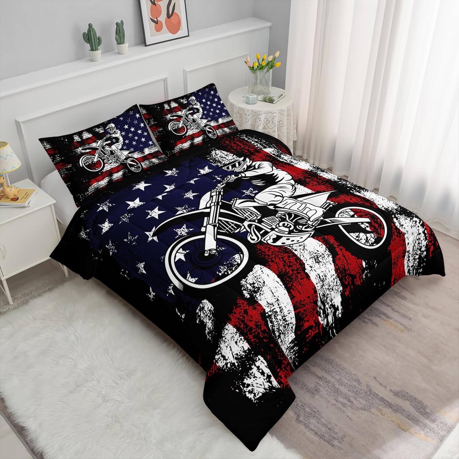 Axolotl Dirt Bike Comforter Set Twin, American Flag Bedding Set, Motocross Comforter,White Red Stripes Stars Bedding, Motorcycle Racer Quilt for Boys Kids Teens Men, 1 Dirt Bike Quilt 2 Pillowcases - Image 2