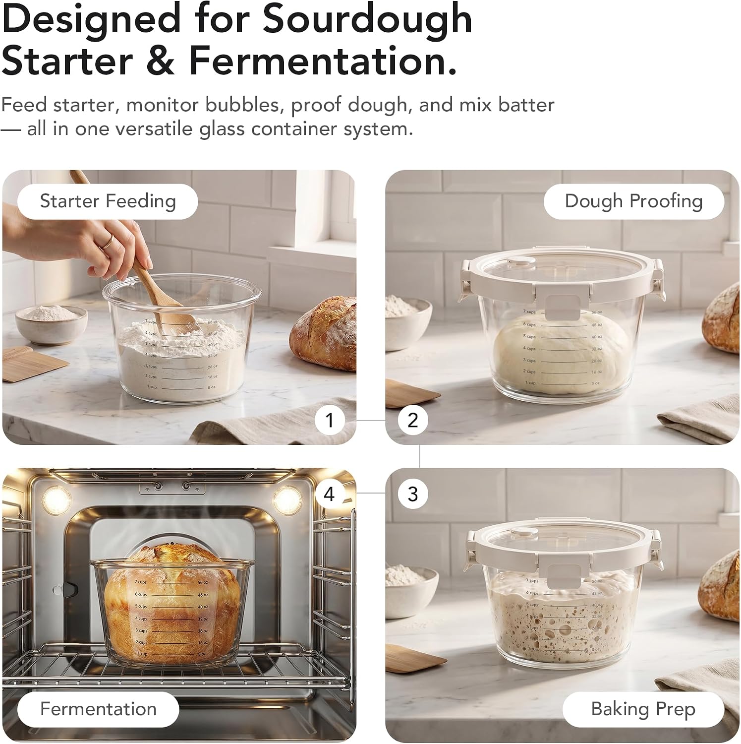 Sourdough Starter jar & Dough Proofing Set, 2-Piece Borosilicate Glass Containers with Airtight Lids, Wide Mouth Measuring Bowls for Baking & Fermentation, Microwave & Oven Safe (24oz & 71oz) image 2