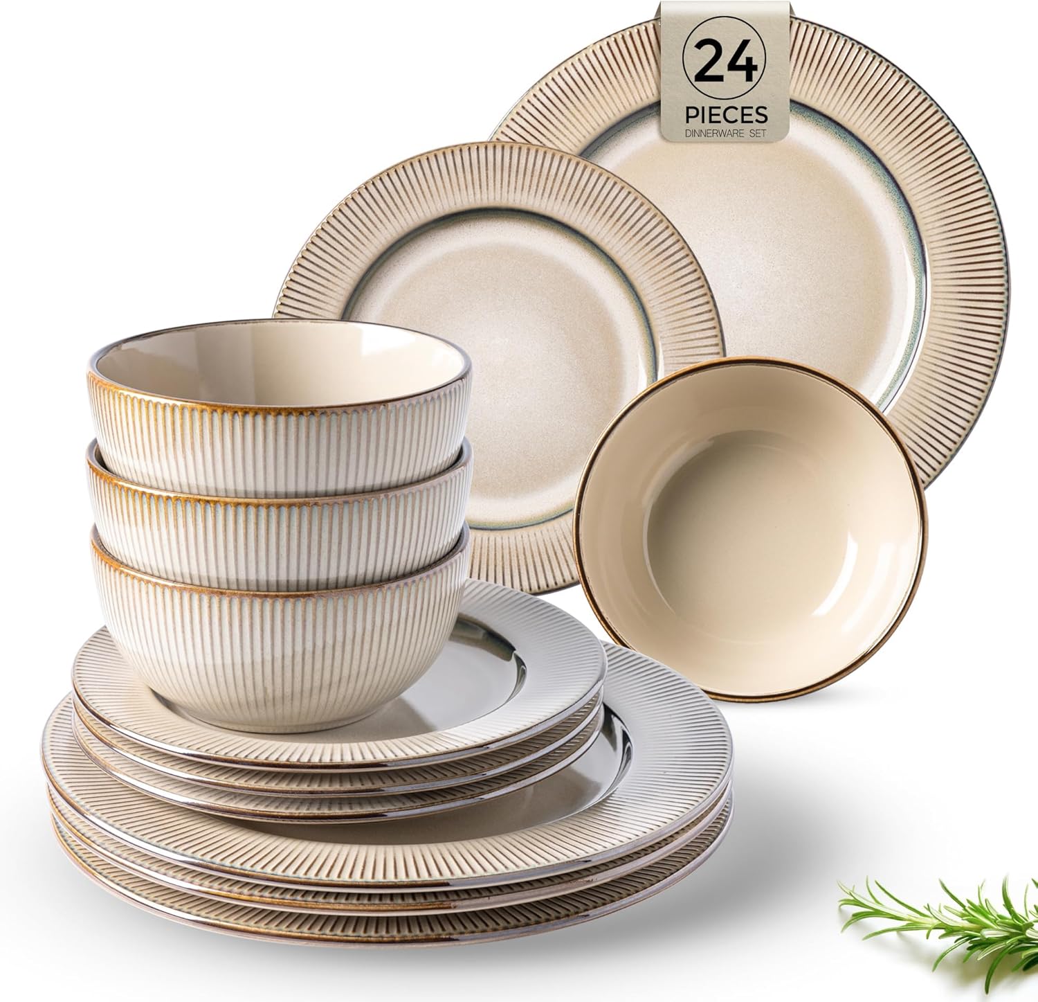 GBHOME Ceramic Dinnerware Sets, 24 Piece Embossed Elegant Stoneware Plates and Bowls Sets, Housewarming Wedding Gift | Dishwasher & Microwave Safe | Dishes Set Service for 8 Pale Khaki Service for 8 (24 pcs)