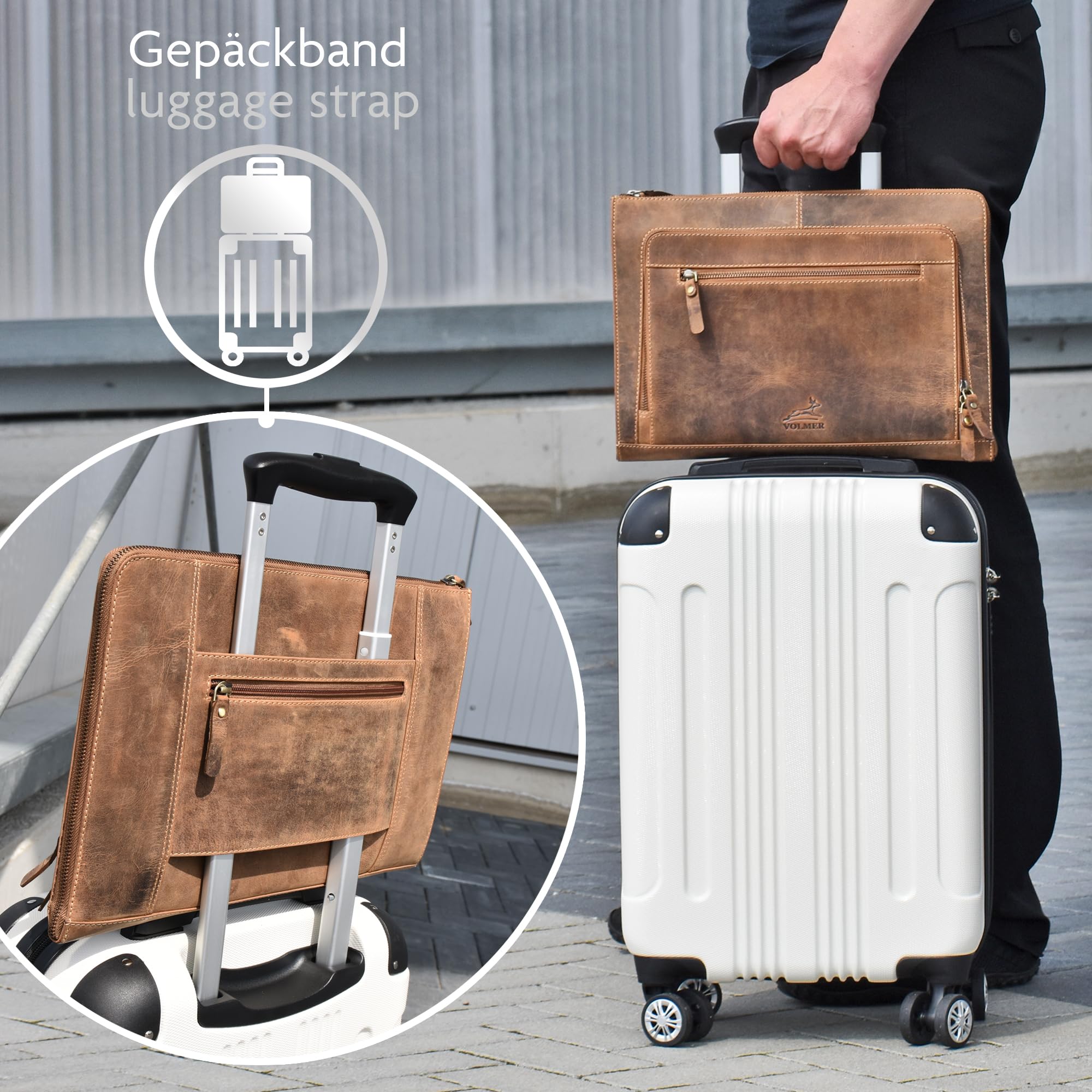 Fa.Volmer ® braune Laptop-Tasche aus echtem Büffel-Leder für MacBooks, Notebooks, Laptops und Tablets bis zu einer Größe von 14″ | Aktentasche A4 | Modell: Riverside