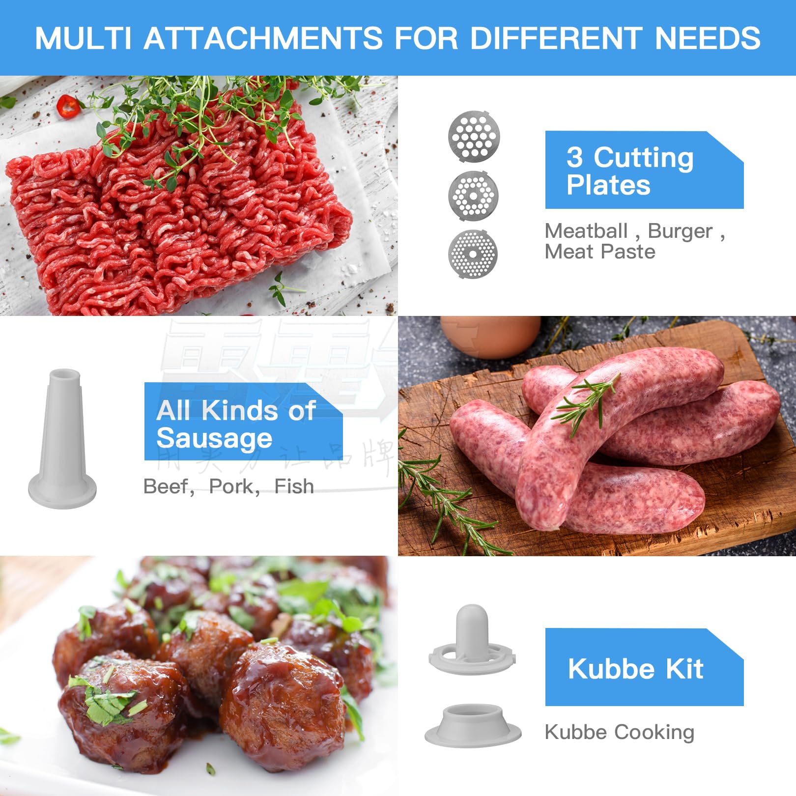 COOCHEER Profi Fleischwolf Elektrisch mit Wurstfüller & Keksaufsatz | 2000W Wurstmaschine Hackfleischmaschine mit 3 Lochscheiben& Kibbe-Aufsatz für Hackfleisch, Mett & Spritzgebäck，Schwarz