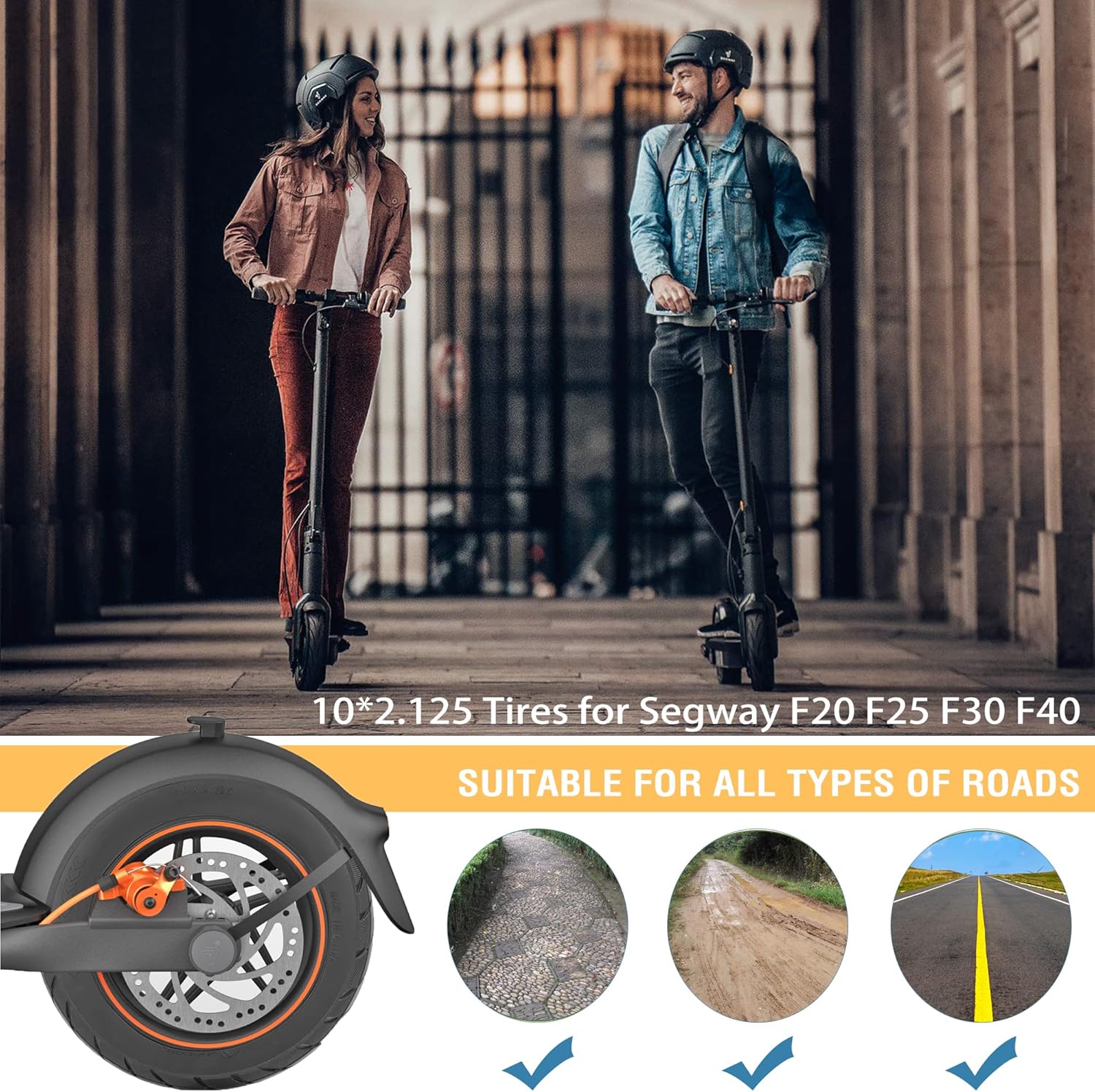 10x2.125 Solid Rubber Tire for Segway Ninebot F20/F25/F30/F40/F65/D18W/D28U/D38U Electric Scooter Accessories 10 Inch Scooter Tire Wheel Replacement Non-slip Anti-shock (1 Pc)