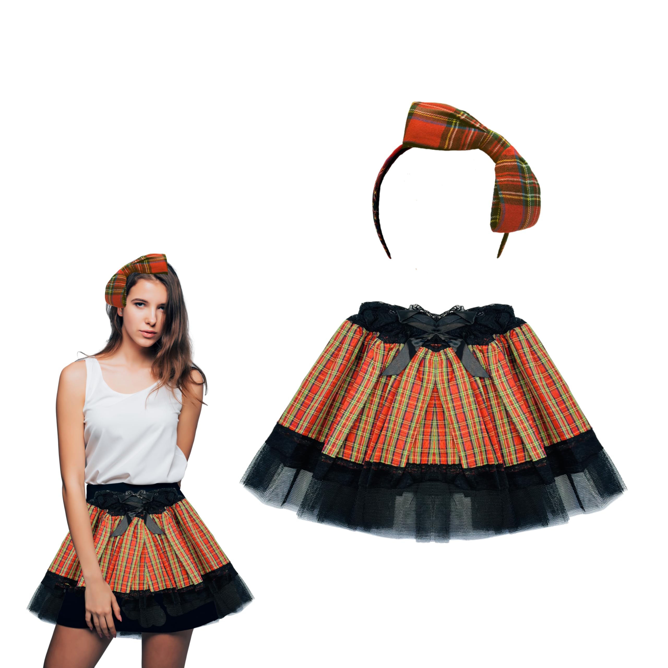 Lizzy Girls Red Tartan Tutu With Lace Trimming With Bow Headband | 12" Length Tartan Pleated Tutu Skirt Scotlandscottish Goth Punk Mini Ladies Burns Night Fancy Dress Outfit Accessories
