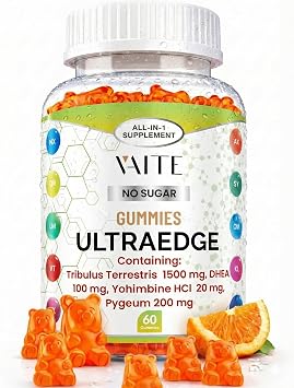 VAITE UltraEdge Herbal Complex Gummies Tribulus Terrestris 1500mg, DHEA 100mg, Yohimbine HCl 20mg, Pygeum 200mg, Plant-Based Blend, 60 Vegan Gummies, Non-GMO, Gluten-Free, Adult Supplement