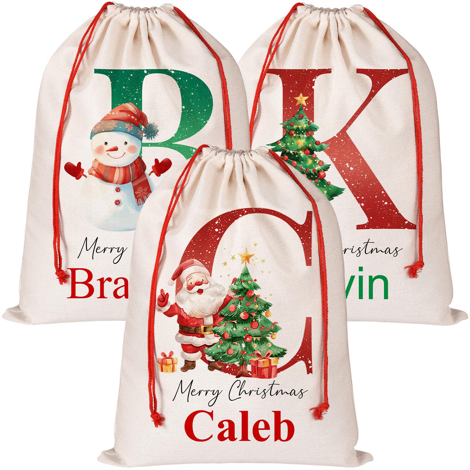 HooAMI 3 Pack Personalized Santa Sacks with Initial Name - Large Christmas Gifts Bags Drawstring Christmas Bags, Reusable Custom Santa Bag for Xmas Gifts Package Storage, Christmas Sacks for Presents
