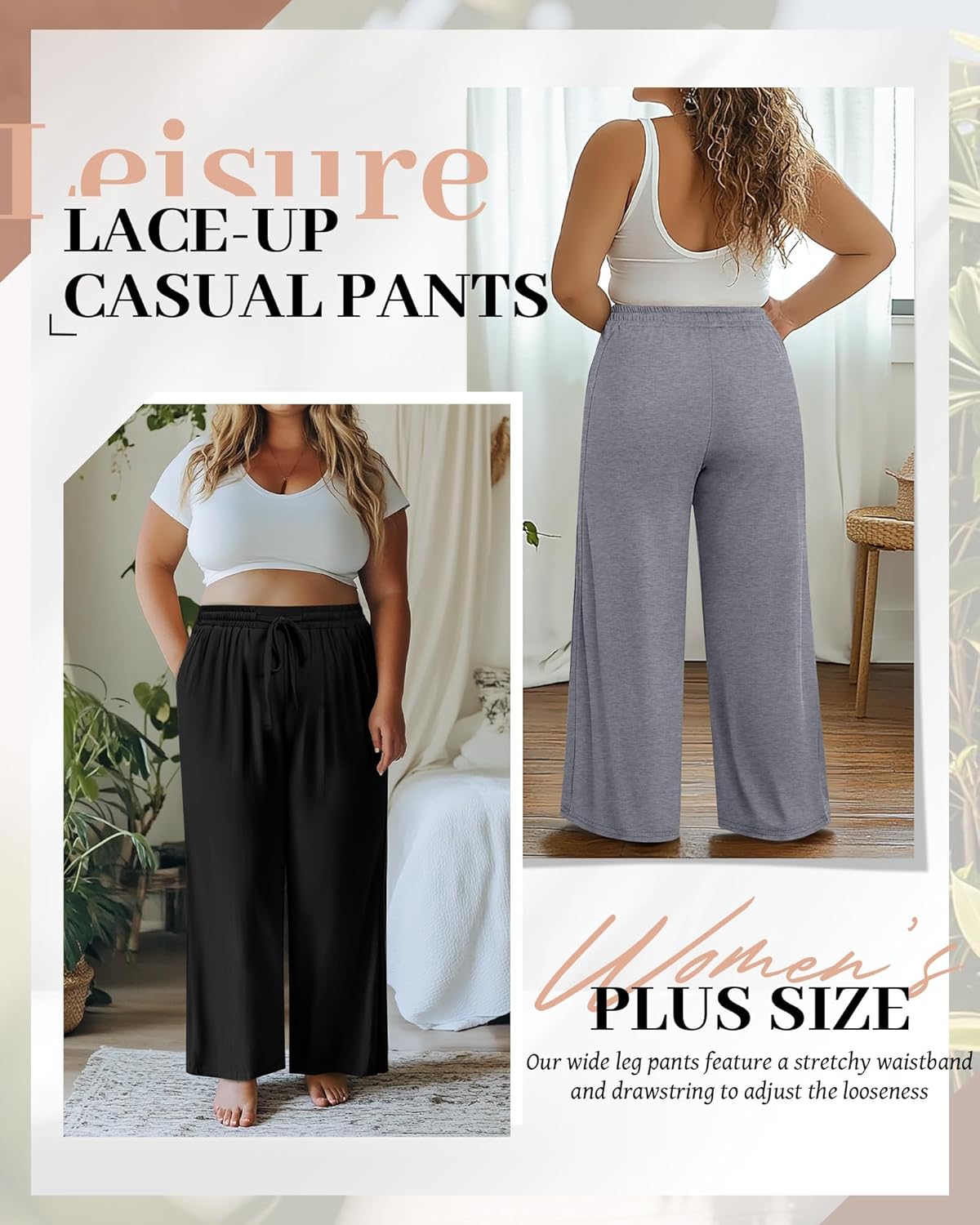 Neer 3 Pack Women's Plus Size Pants Wide Leg Lounge Yoga Pants Casual Baggy Drawstring High Waist Sweatpants with Pockets - Image 2