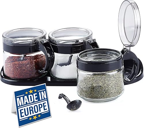 Crystalia Juego de 3 tarros de especias, recipientes de vidrio para especias con asas y tapas de plástico, recipientes vacíos para almacenamiento de