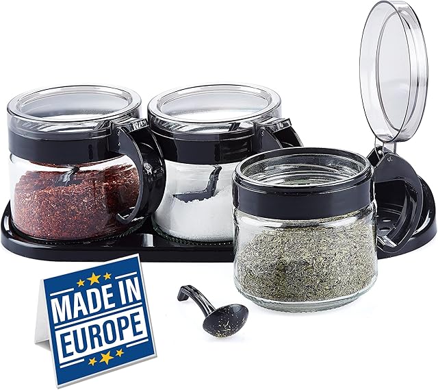Crystalia Glass Condiment Dispenser Set of 3 x 300ml with Handle, Spoon and Lid Black 100% LEAD FREE Spice Canisters Set, Travel Condiment Set, Spice Dispenser Jars, Herb Tea Coffee Sugar Canisters