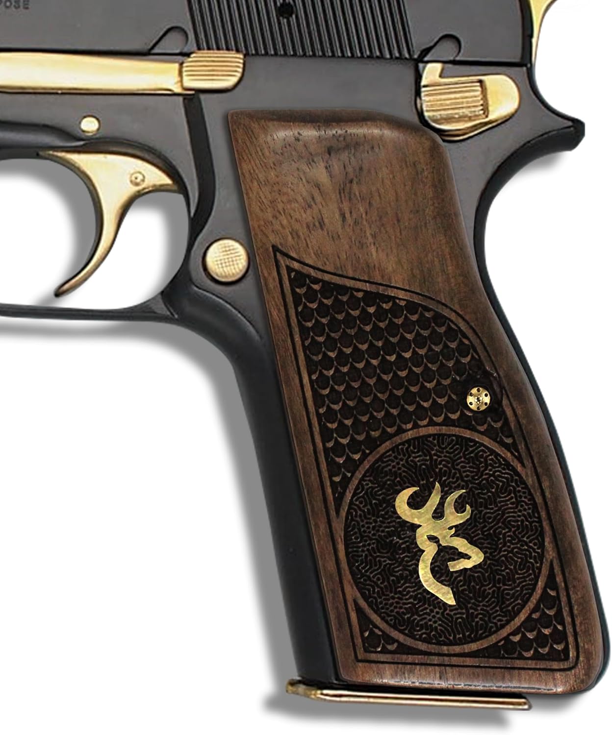 URAY Browning Hi-Power Wood Grips (Walnut) – Mk I/II/III, T-Series, SA-35, Tisas 14, Yavuz 14 – Handmade Laser Engraved Grip Panels, Multi-Style Variations