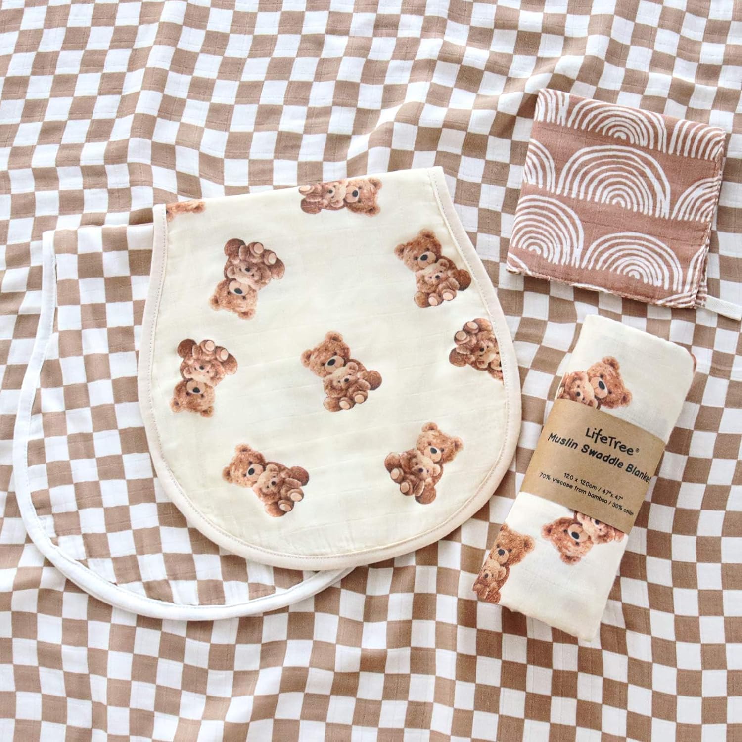 LifeTree Baby Swaddle Blankets 2 Pack and Burp Cloths 2 Pack Set, Muslin Swaddling Wrap Receiving Blanket for Newborn, 70% Viscose from Bamboo and 30% Cotton, Large 47" x 47", Bear and Checkered