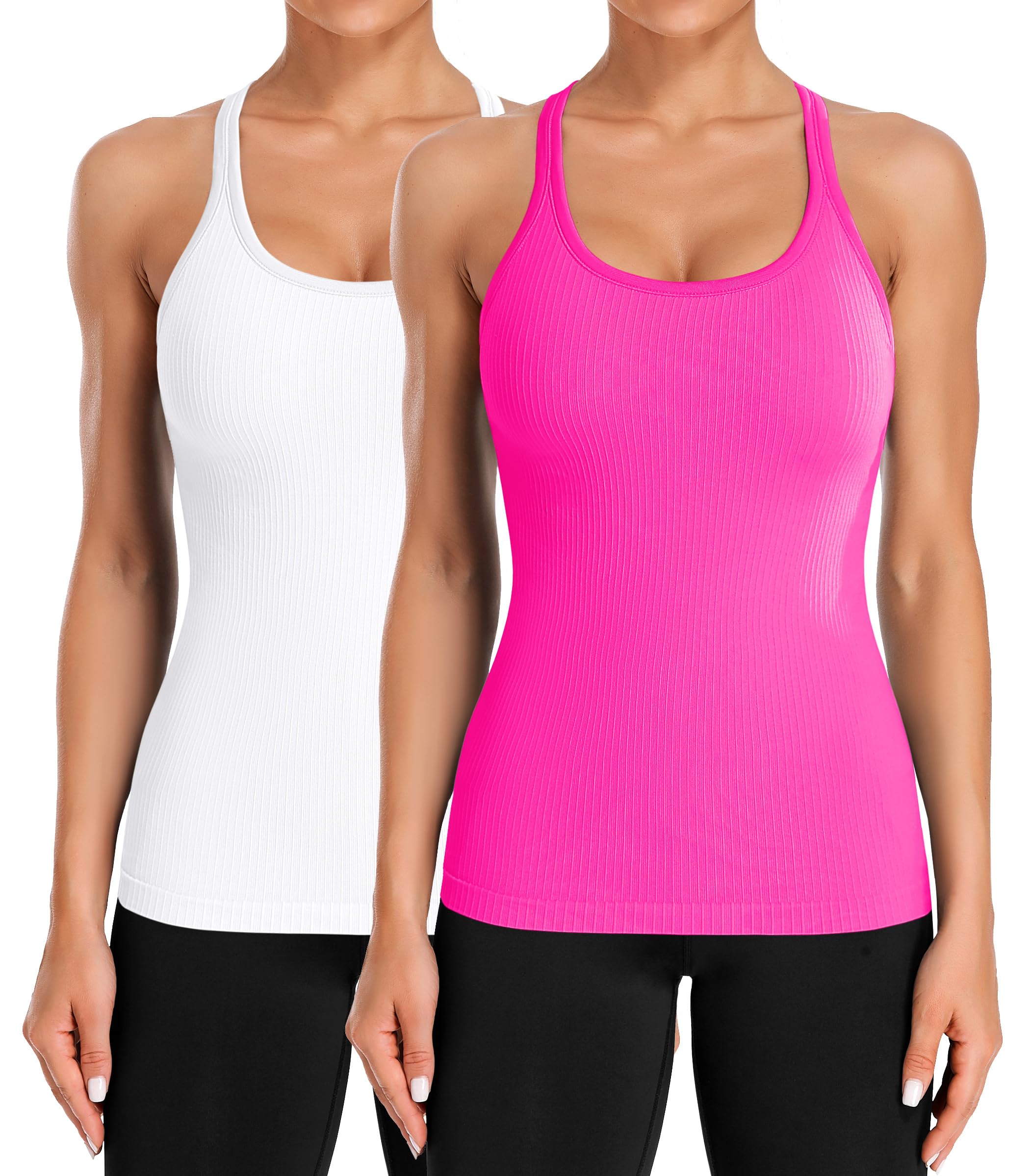 ATTRACO 2 Pack Ribbed Workout Tank Top with Built in Bra for Women Tight Fit Seamless Yoga Top