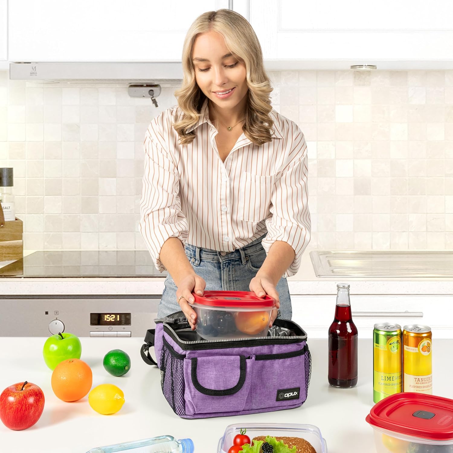 opux Lunch Bag Women Insulated, Adult Lunch Box Cooler, Lunch Box for Men, Dual Compartment Lunchbox for Work, Leakproof Double Decker Lunch Bag, Soft Lunch Pail Tote Girls Boys Kids School, Purple - Image 4