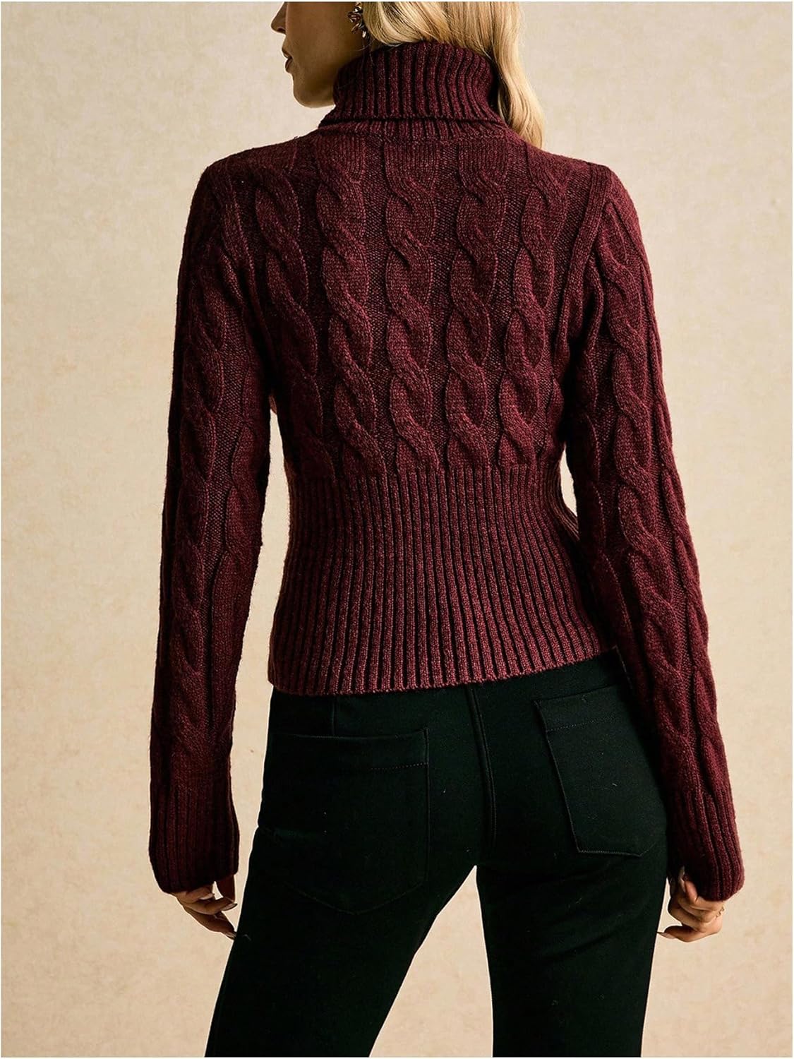 MakeMeChic Women's Cable Knit Sweater Cropped Turtleneck Long Sleeve Fitted Pullover Tops - Image 3