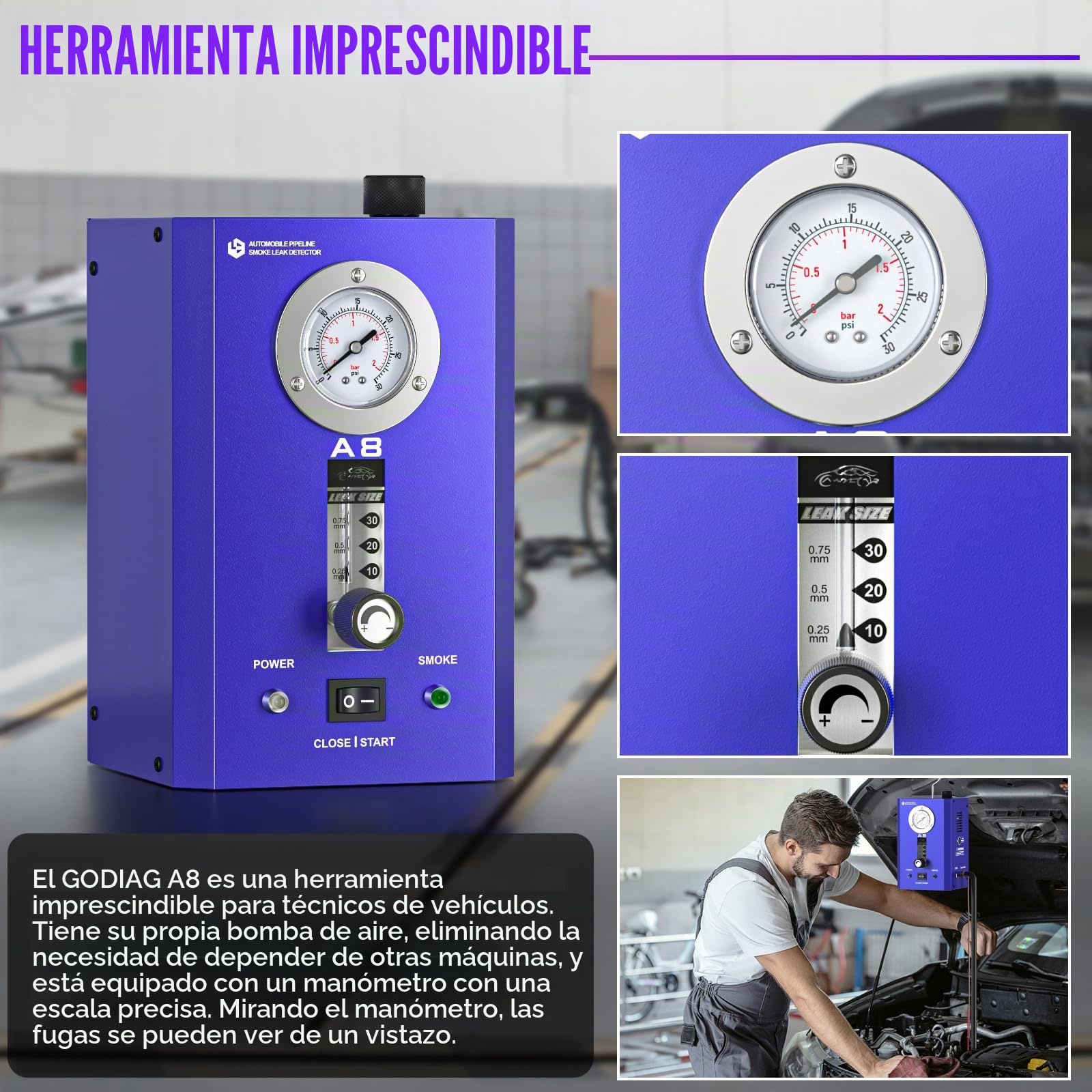 GODIAG 12V Máquina de Humo Automotriz Built-in Air Pump & Pressure Gauge Máquina de Humo Coche Maquina de Humo para Coche Apto para Coches Motos Camiones Barcos y ATVs, A8