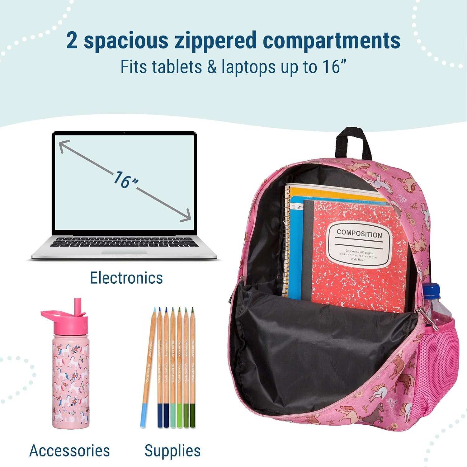 Wildkin Kids 16 Inch Elementary School Backpack for Girls – Durable Padded Bag with Adjustable Straps for School, Travel & Everyday Use, Multiple Pockets, Ages 6–13 – Wild Horses