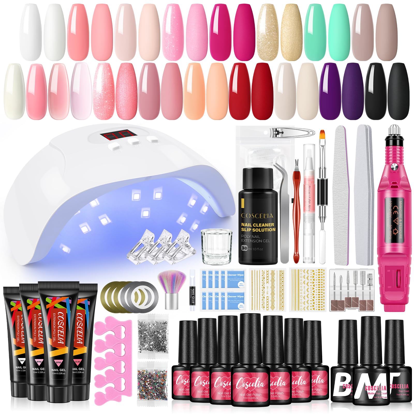 Coscelia Kit Uñas de Gel, 15pc Esmaltes Semipermanente para Uñas, 4pc Uñas Builder Construccion Gel con 36W Lámpara y Lima Electrica Uñas, Manicura Kit Adecuado para Principiantes y Profesionales
