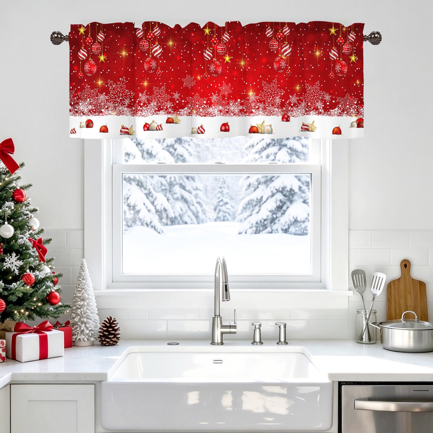 Christmas Valance for Windows,Window Treatment Curtains Rod Pocket Sheer Small Short Valance for Kitchen Bathroom Laundry Basement,42Wx12L inch,Snowflake Ball Xmas Winter