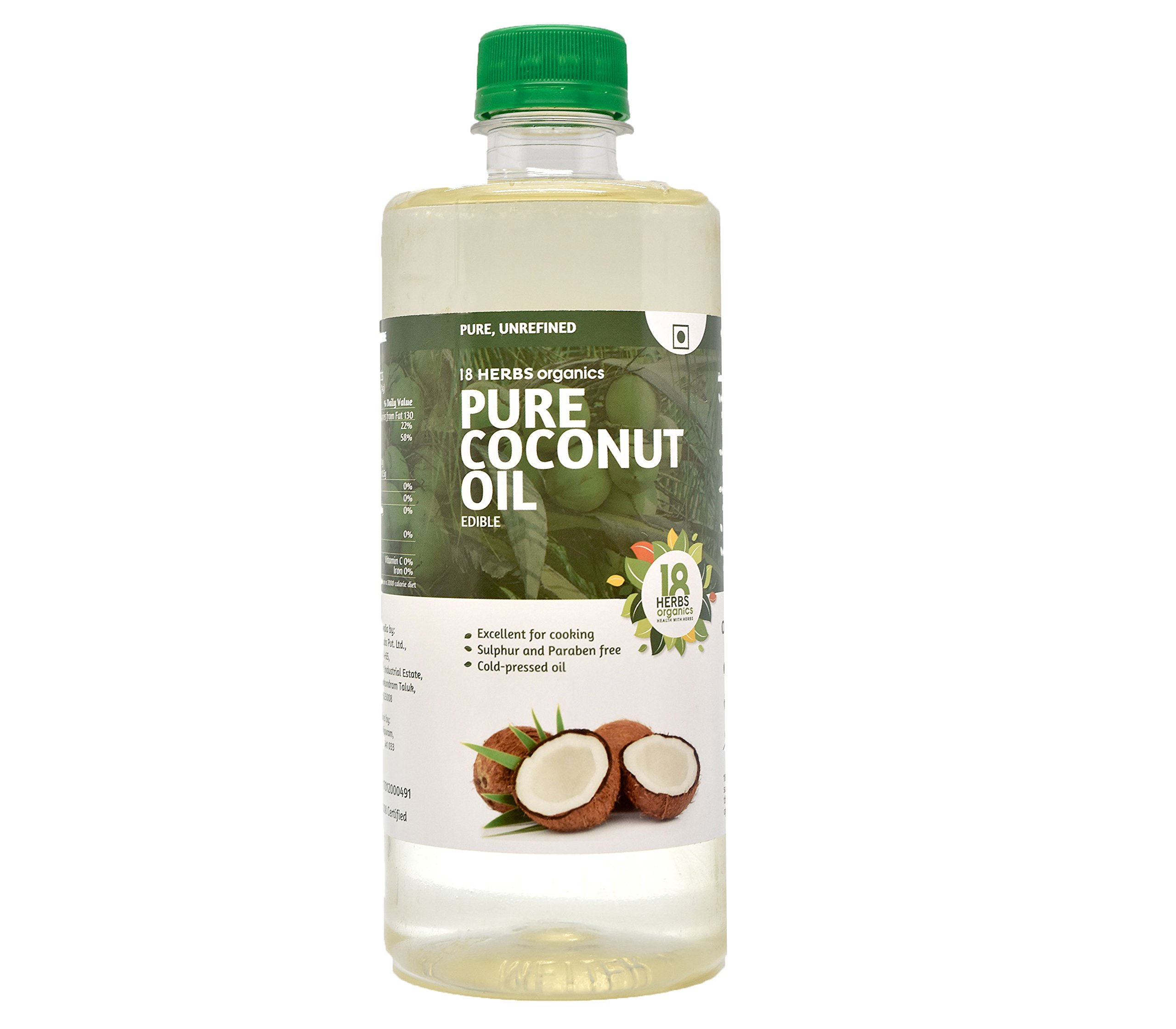 18 Herbs Organics Health With Herbs Cold Pressed Coconut Oil | Pure Coconut Oil - Pet Bottle | Vegetarian Edible Coconut Oil Oil for Cooking (500 ml (Pack of 1)