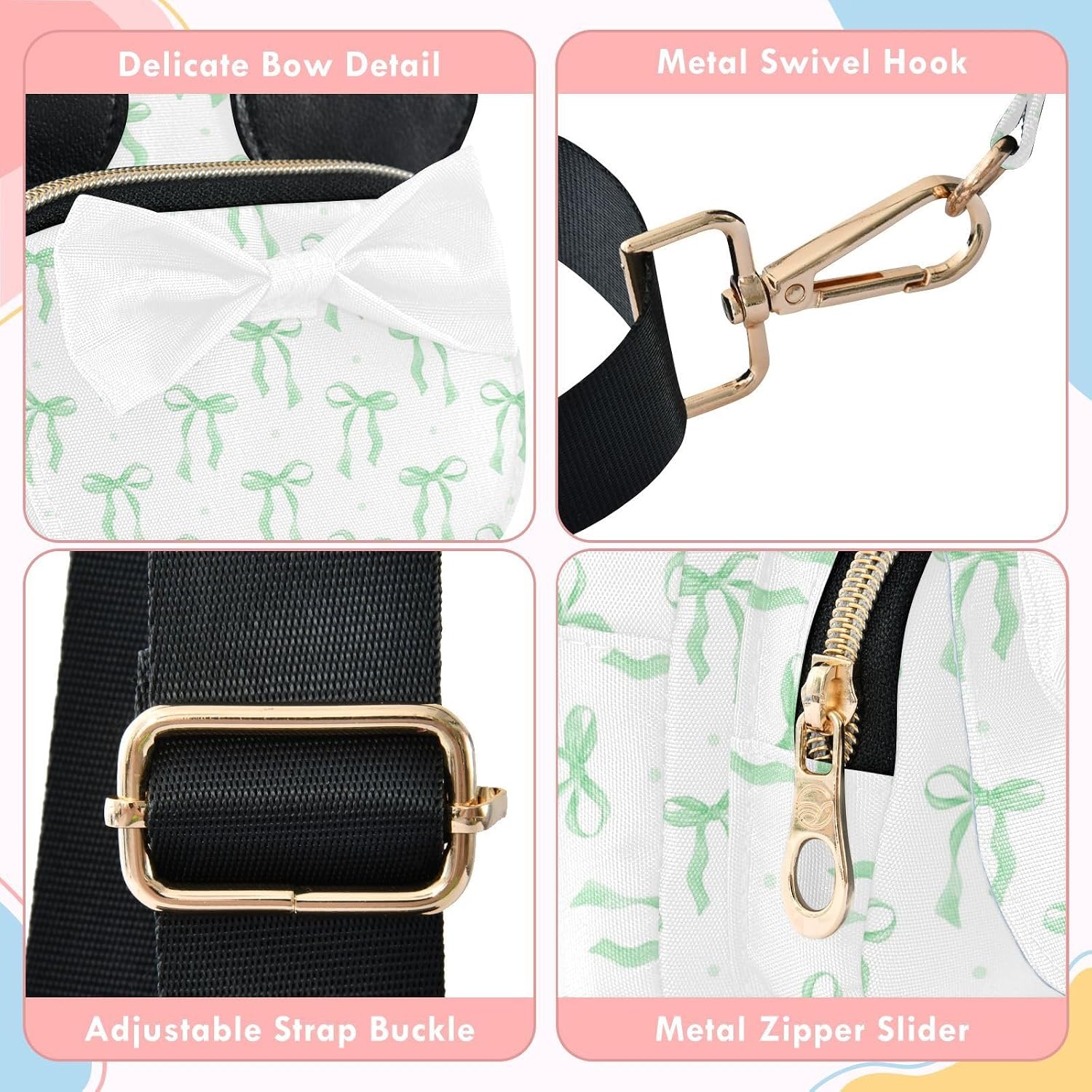 Green Bow Kids Sling Bag for Girls, 7.5x5.7x3.1 In | Crossbody Fanny Pack, Toddler Purse, Cute Sling Belt Bag with Ears, 2L Small Shoulder Chest Bag for Travel