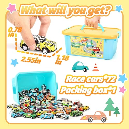 Miniatura 2 de Regalos de fiesta de autos de juguete para niños, 72 piezas con caja de almacenamiento, mini juguetes de carreras para niños, bolsas de golosinas