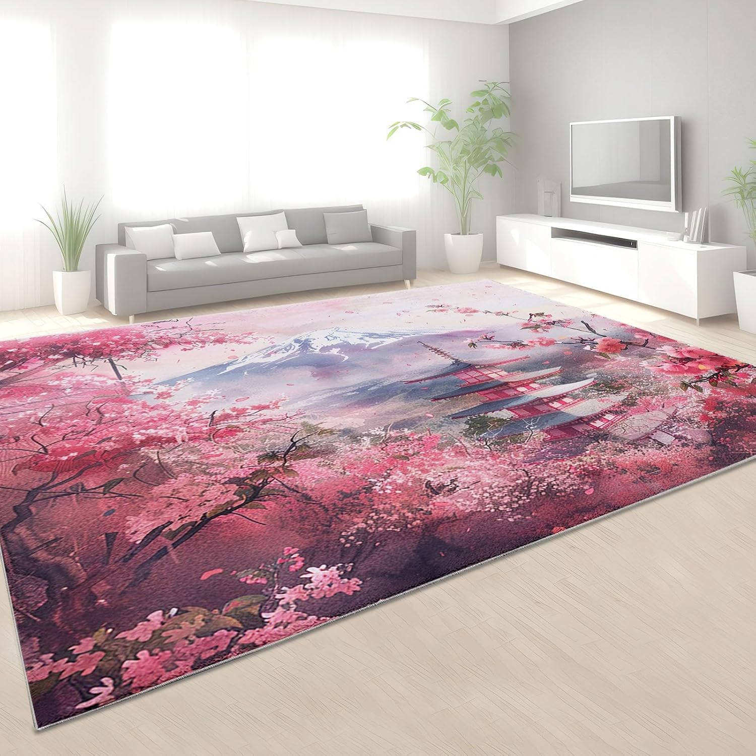 Generic Kids Rugs for Room Japanese Style Snow Mountain Cherry Blossoms Washable Rugs 5x8 Carpet for Bedroom Kitchen Hallway Living Room Laundry Room, Soft Non-Slip Decorate room carpet