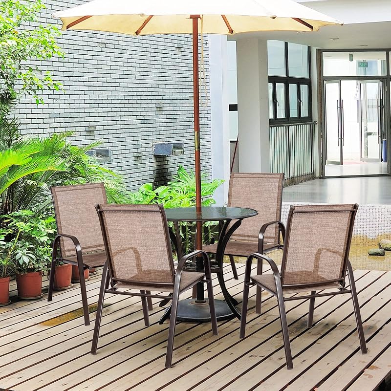 Tangkula 2 Piece Patio Dining Chairs, Outdoor Bistro Chairs W/Curved Armrests, Easy-to-Dry Fabric, Reinforced Steel Frame, Wide & Comfortable Camping Chairs for Garden, Poolside, Backyard (1, Brown) image 5