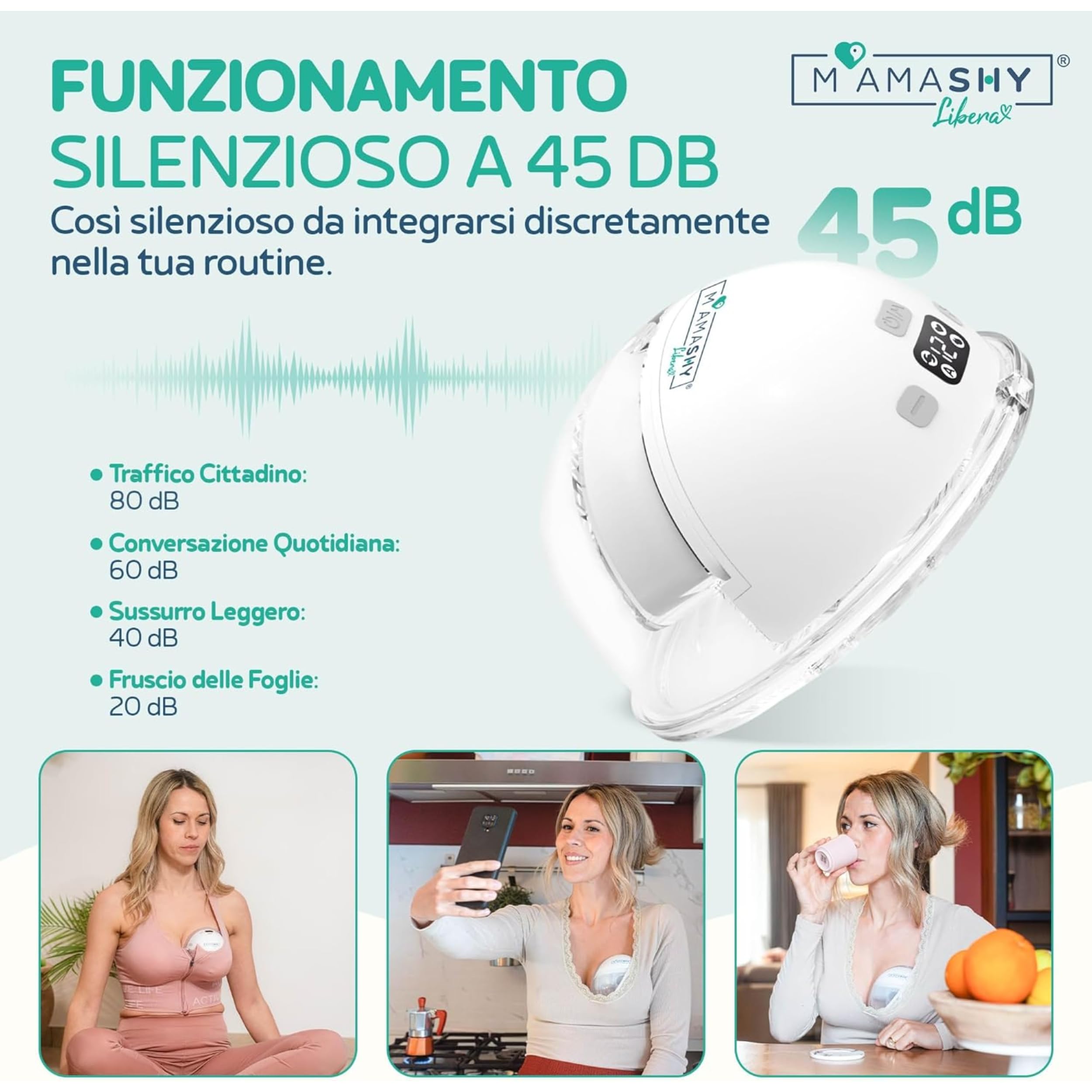 MAMASHY Libera – Tiralatte Elettrico Portatile e Silenzioso con 6 Taglie, Ricaricabile USB‑C, 5 Adattatori Silicone BPA‑Free, Perfetto per Allattamento Neonati, Accessori Inclusi