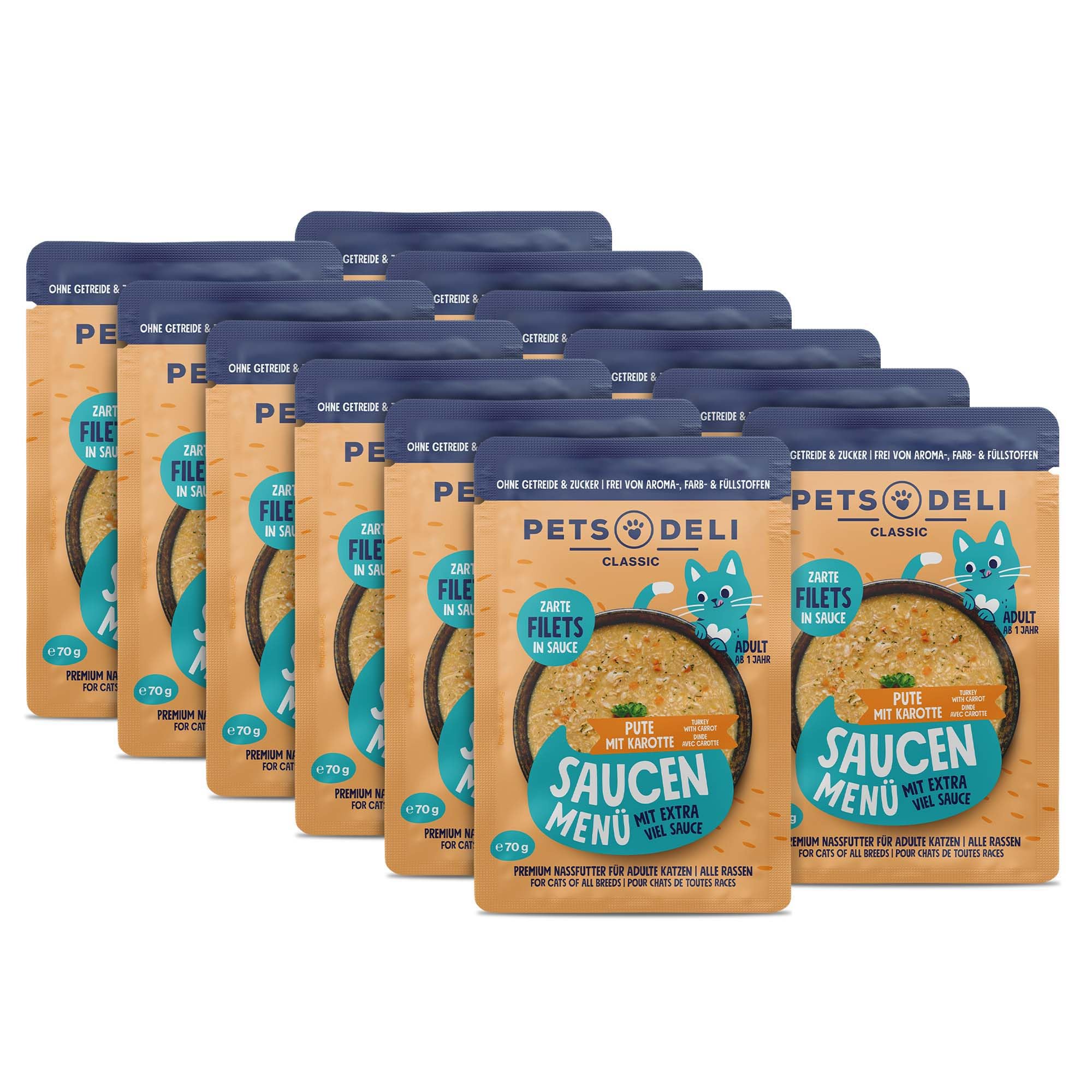 Pets Deli Saucen Menü Katzen Nassfutter Pute & Karotte, ideal für wählerische Katzen, für extra Flüssigkeitszufuhr, getreidefrei, ohne Zucker, 12x70g, Premium Qualität