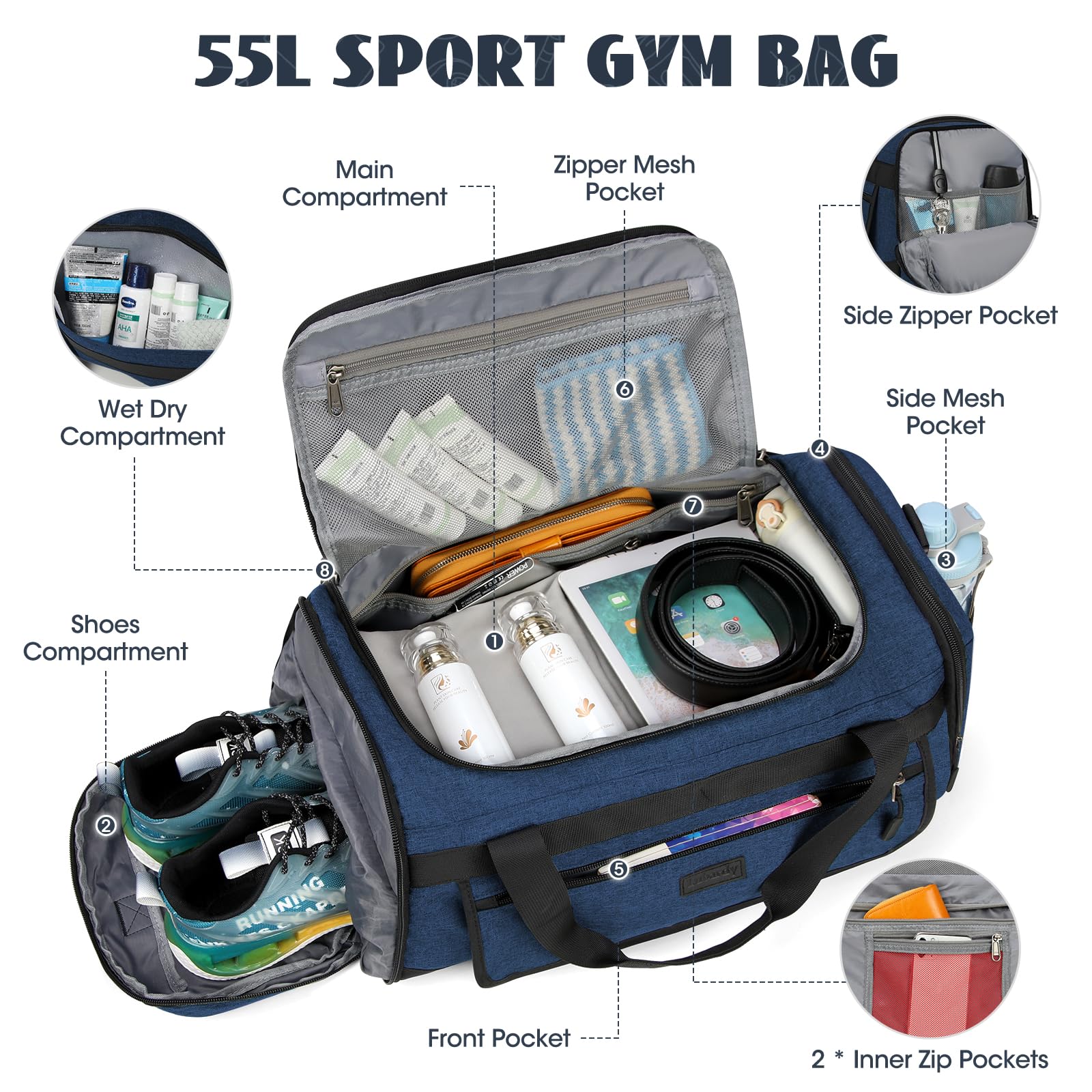 Borsa sportiva da palestra con scomparto per scarpe e tasca bagnata, borsone da viaggio da 40 l 55 l, per uomini e donne, impermeabile, borsone sportivo per nuoto, Blu, 55L, borsa da palestra