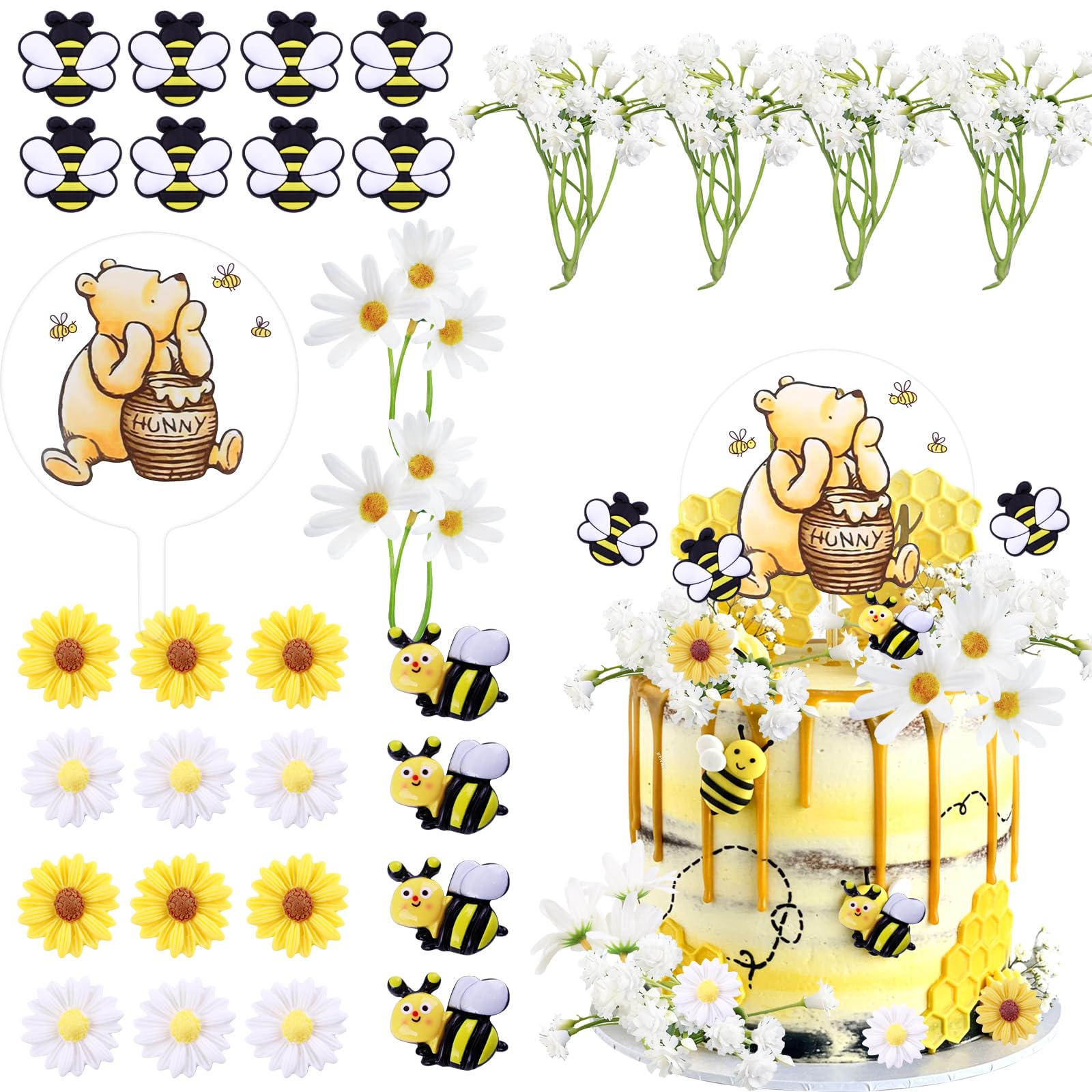 Morofme Winnie de Poeh taartdecoratie 33 stuks, cake topper met gele en witte margrieten en bijenaccessoires, Winnie de Poeh feestelijke taartdecoratie voor verjaardagen, met topper, voor cupcakes