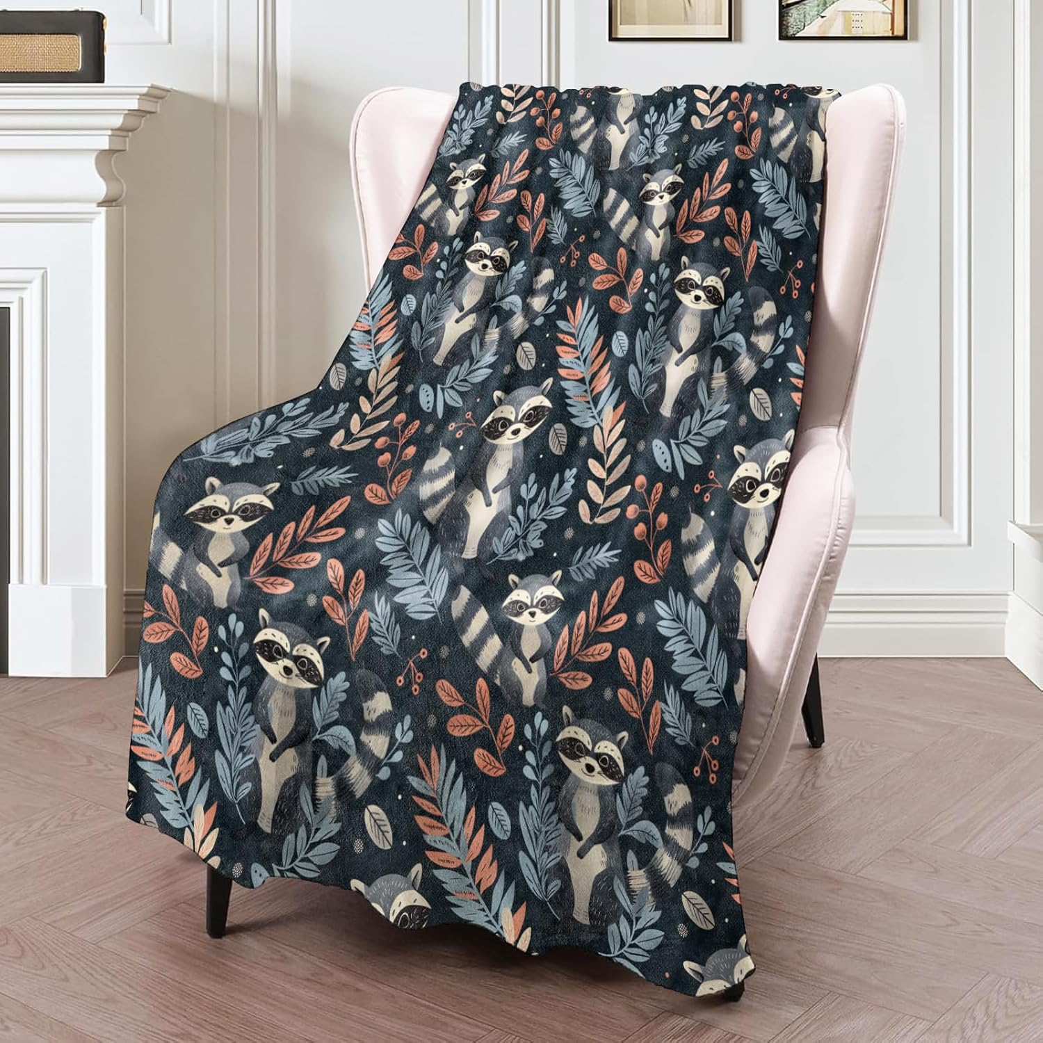 Cute Raccoon Flannel Blanket 50x60in,Adorable Cartoon Raccoons with Leaves Pattern on Dark Background,Soft Lightweight Throw for Kids, Girls, Boys, Animal Lovers,Home Decor Gifts Blankets - Image 2