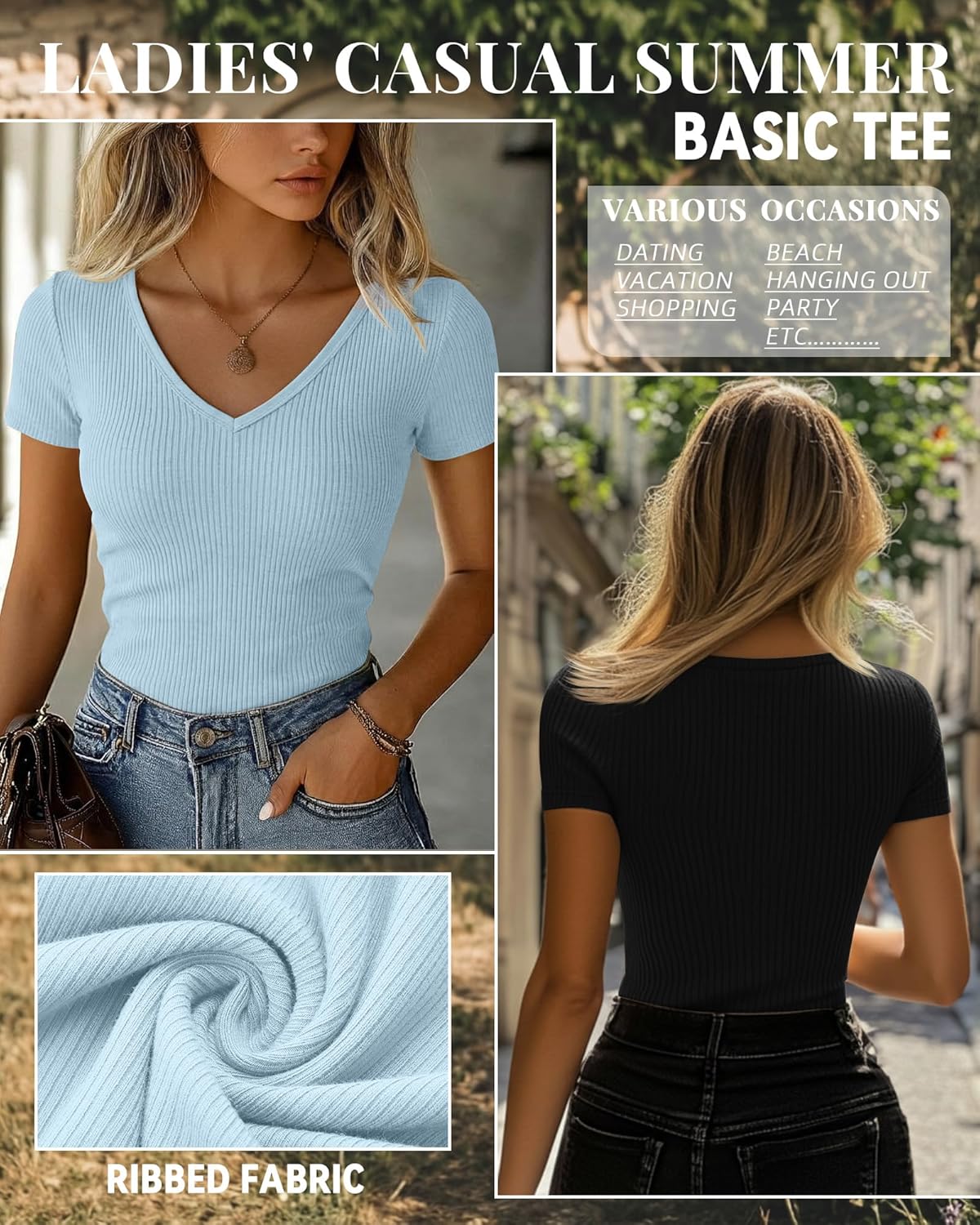 Ficerd 3 Pack Women's Short Sleeve Cotton T-Shirts V Neck Ribbed Slim Fit Tops Ladies' Casual Summer Basic Tee - Image 4