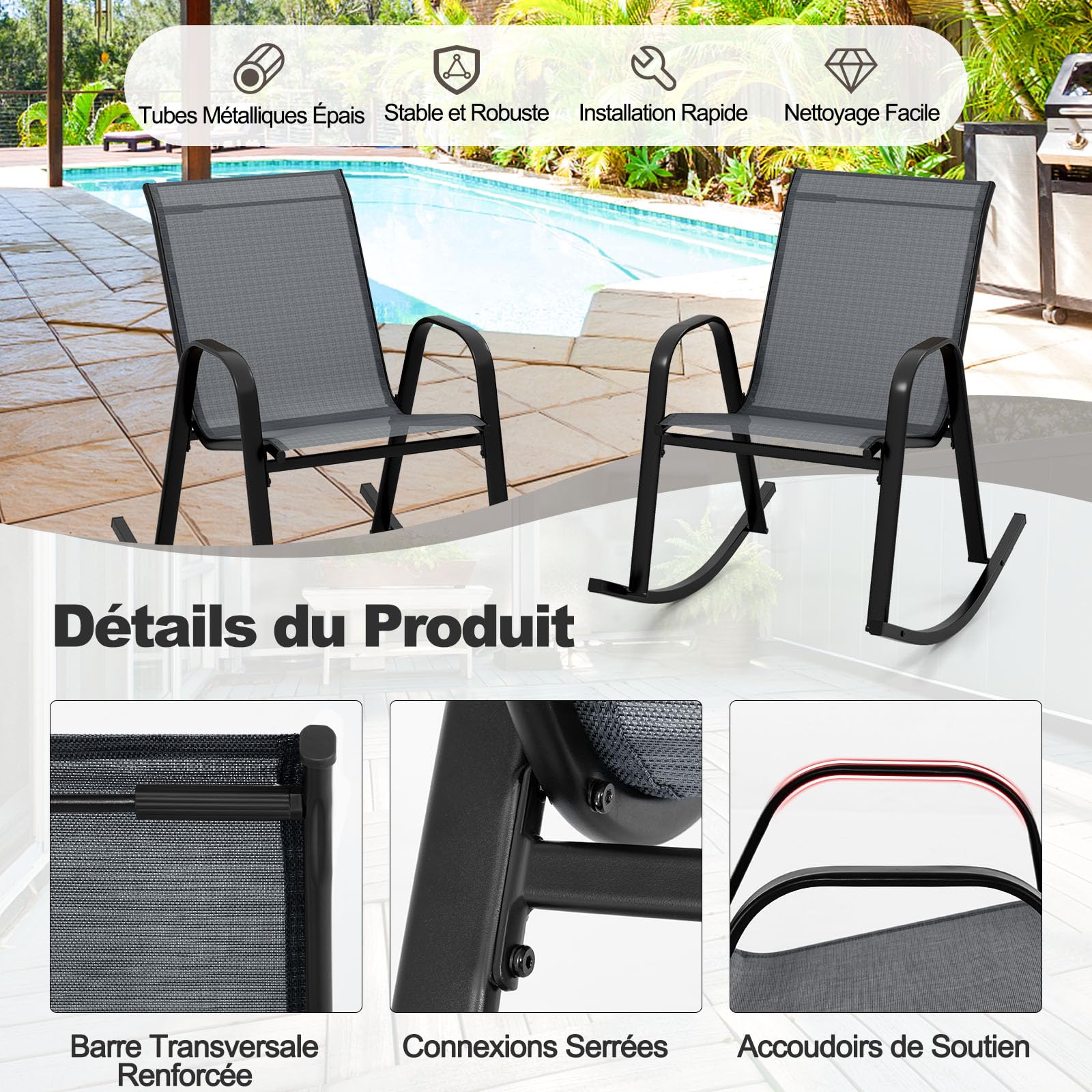 GOPLUS Lot de 2 Fauteuil Jardin Exterieur à Bascule en Textilène, 62 x 91 x 86 CM, Rocking Chair Cadre Métal avec Dossier Incurvé et Accoudoir Ergonomique, Charge de 150 KG, pour Jardin, Balcon (Noir)