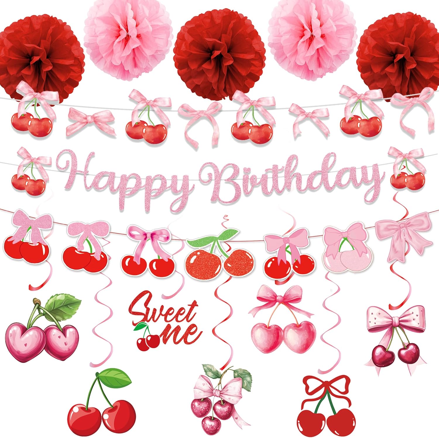 Cherry Birthday Decorations Party Banner - Cherries Bow Themed Garland Tissue Paper Pom Poms, Hanging Swirls Decor for Baby Shower Birthday Party Supplies