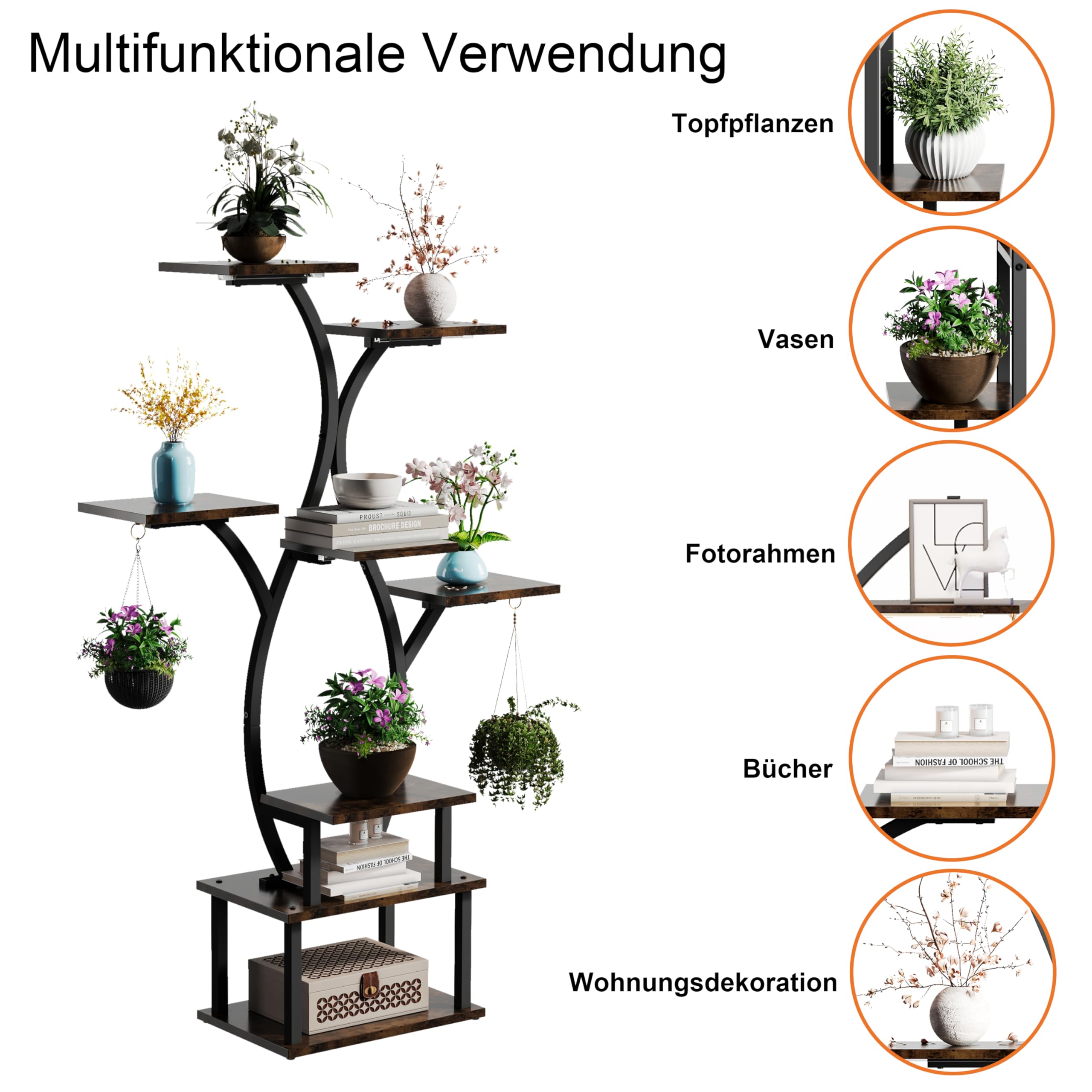 Blumenständer mit Licht Pflanzenregal mit Wachstumslicht 8 Ebenen Präsentationsständern aus Metall und Holz Blumenständer für Terrasse, Garten, Balkon, Wohnzimmer