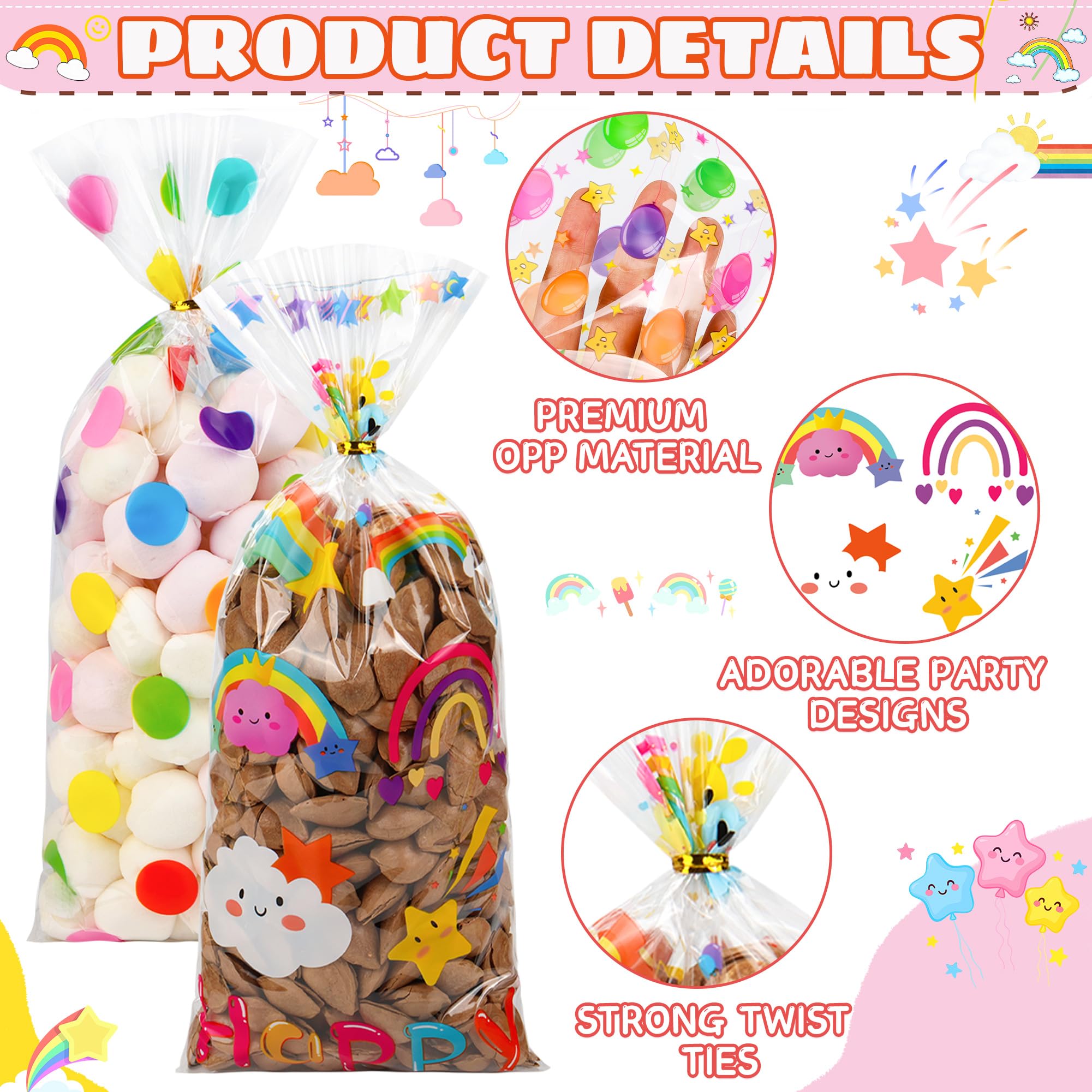50PCS Rainbow Cellophane Treat Bags: Clear Goodie Bags with 60 Twist Ties for Kids Birthday Party Favors Wrapping, Durable Clear Plastic Gift Bag for Candy Cookies Treat Classroom Return Gifts