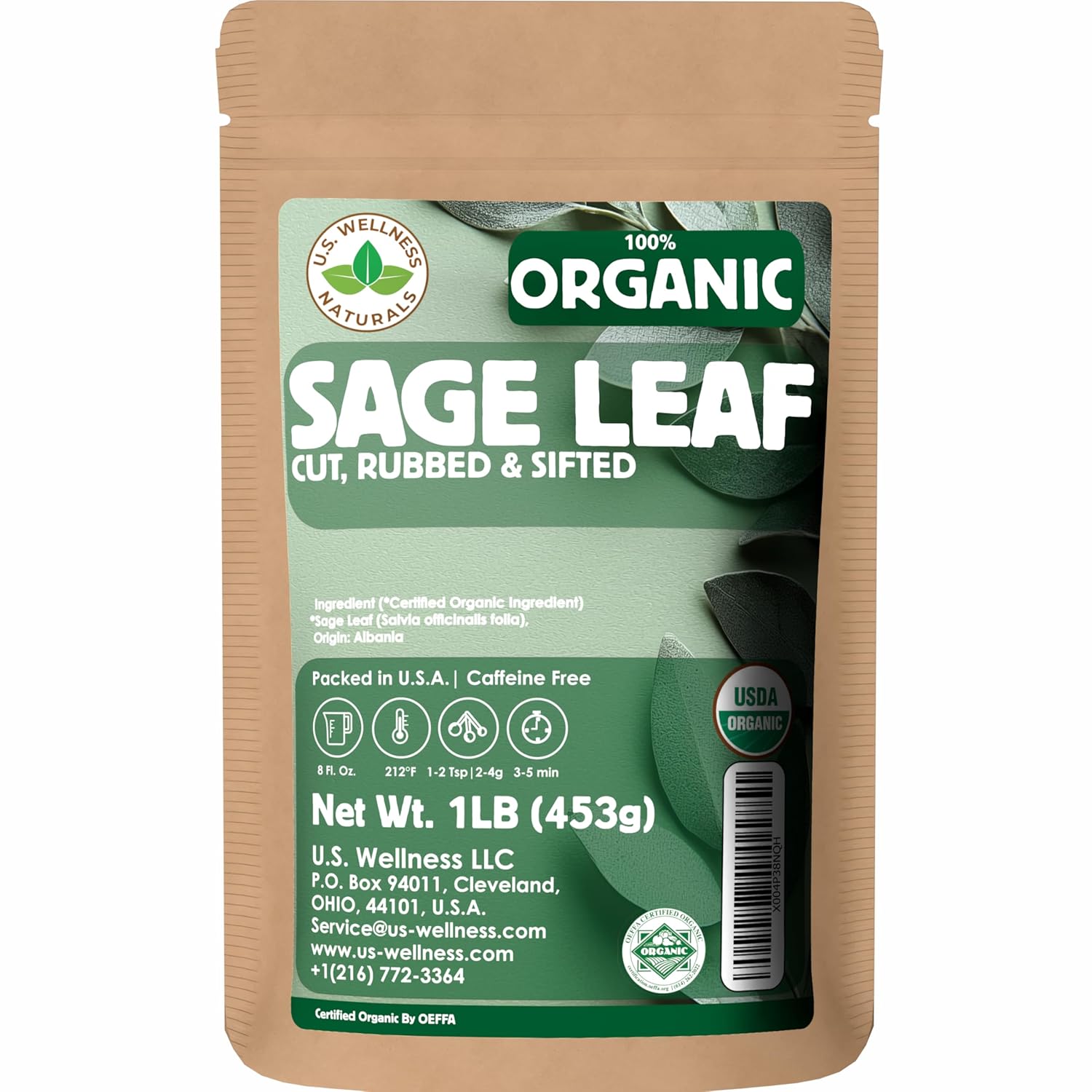 Té de Hojas de Salvia Orgánico, 1 Libra, Hebras Sueltas