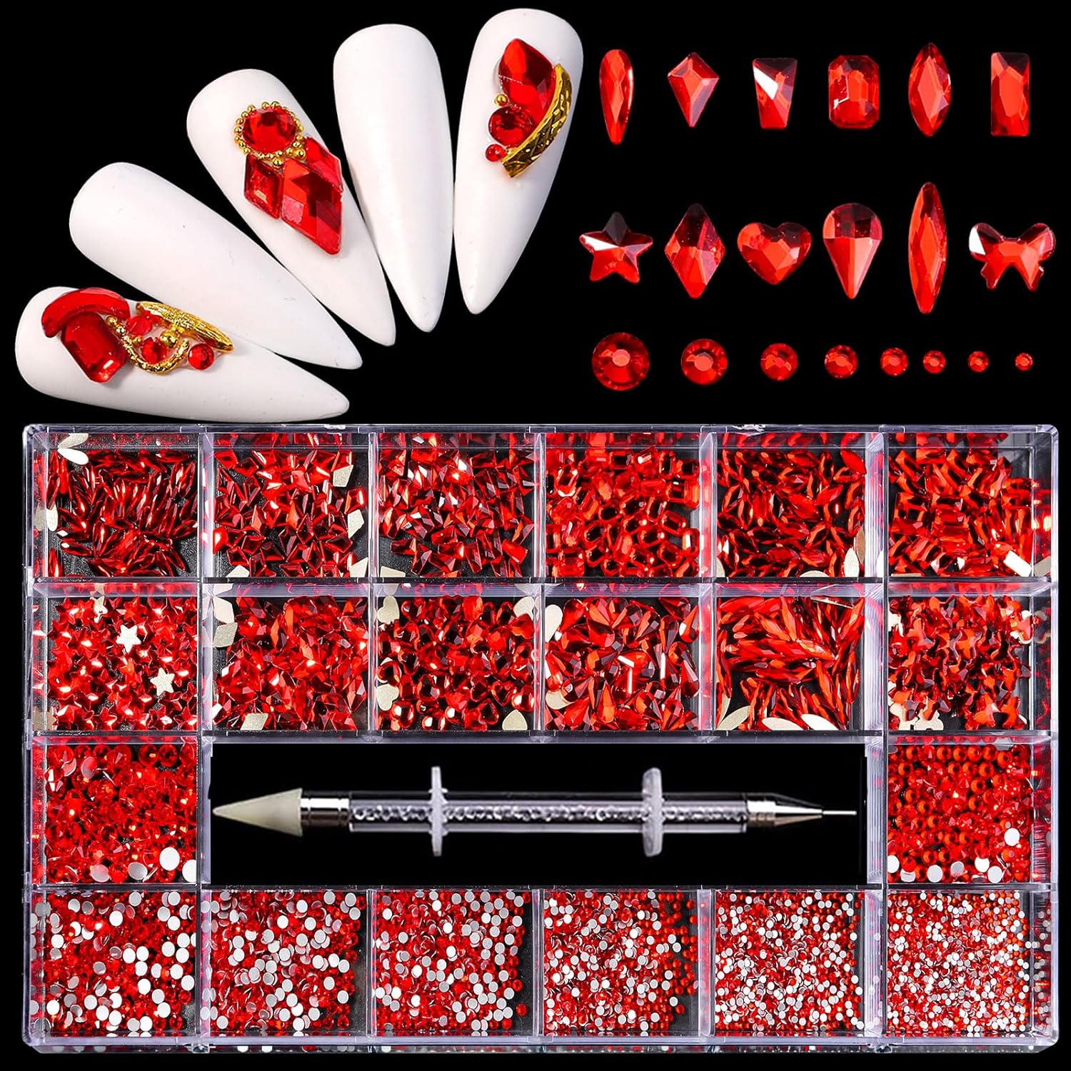12 Types of Red 600 Diamonds + 2500 Flat Rhinestones Mix 20 Styles Flatback DIY Crafts Rhinestone Crystals 3D Decorations Flat Back Stones Set + Rhinestone Picker Wax Pen