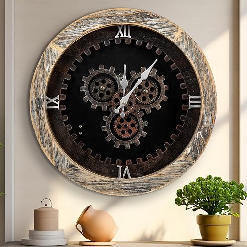 ZBJZJM Reloj de pared grande de 16 pulgadas con engranajes móviles para decoración de sala de estar, madera decorativa, grande, estilo steampunk,