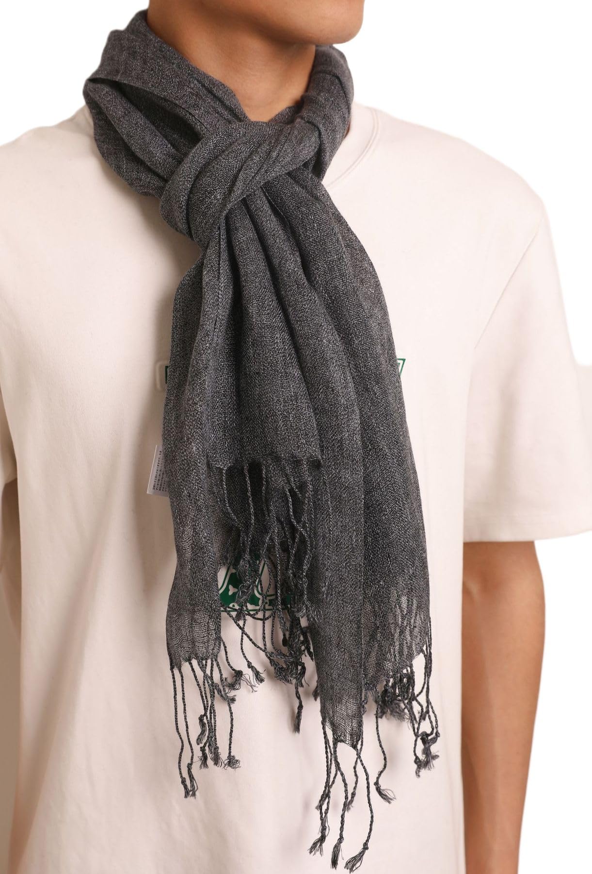 Prettystern long Plain uni-Colour Summer Casual leisure Fringed Linen Men's Scarf - T36 grey