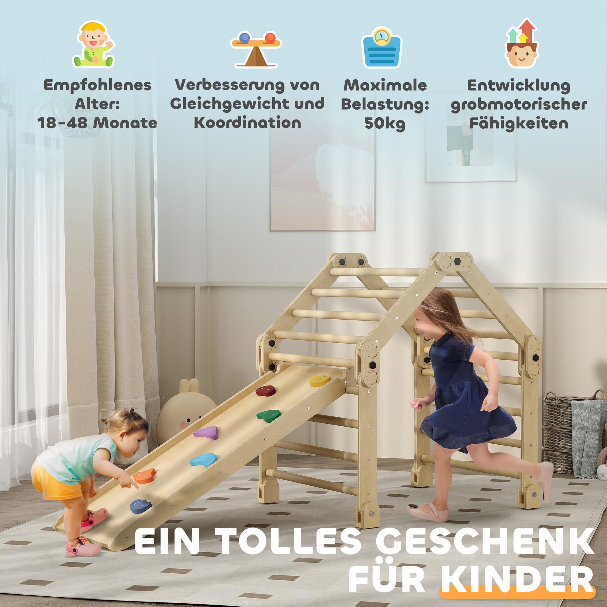 AIYAPLAY 3 in 1 Montessori Klettergerüst mit Rutsche für 1,5-4 Jahre | Indoor, Holz Kletterdreieck, Kletterwand, Indoor Spielplatz, für Kleinkinder und Kinder