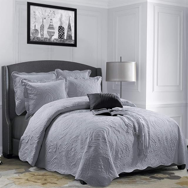 Oxford Homeware Quilted Bedspreads Comforter Set Cotton Bedspread King Size Throws 240cm x 260cm + 2 Pillow Cases 3 Piece Bedding Set (Grey)