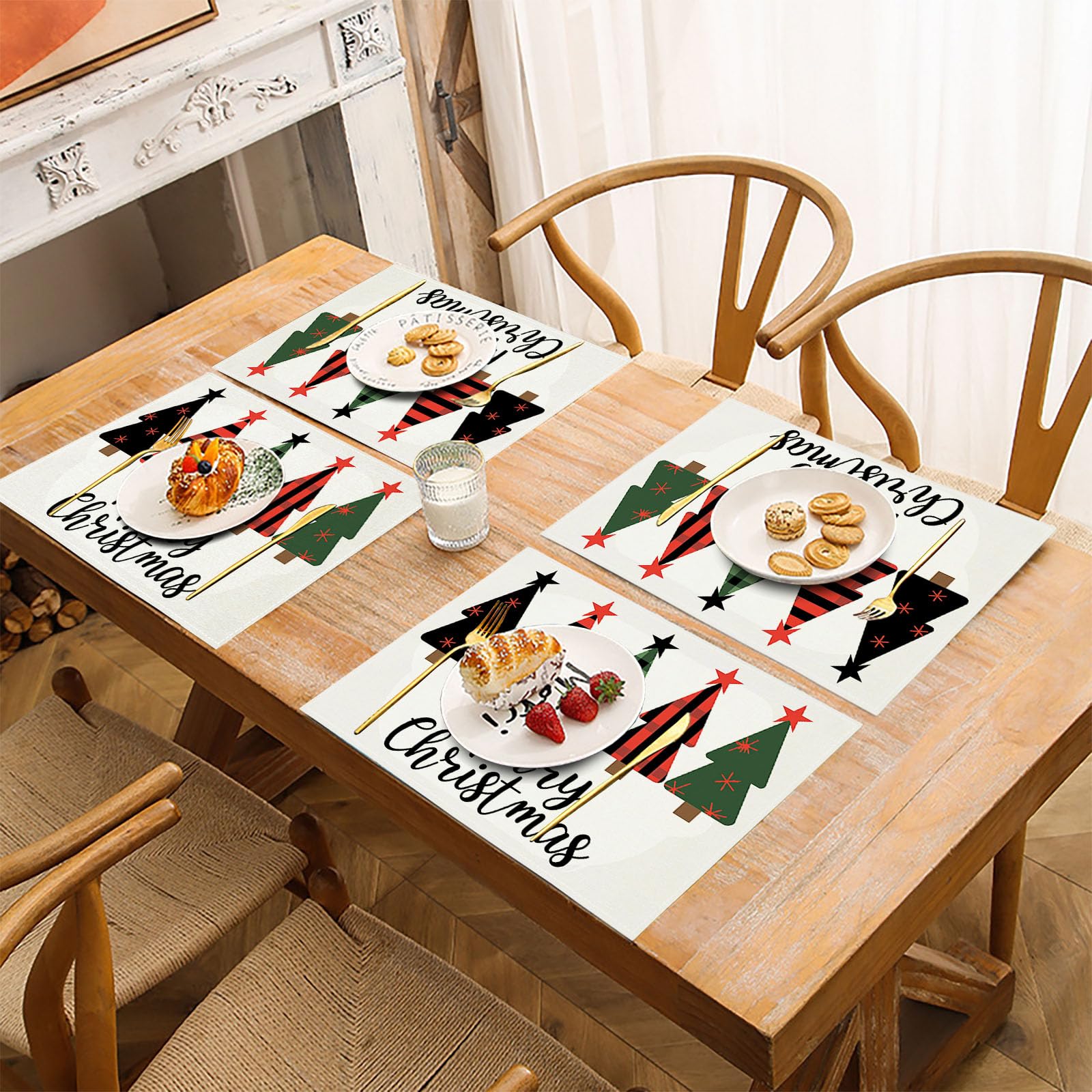 8 Tovagliette Colazione Stoffa 45 x 30 cm,Griglia Albero Di Natale Tovagliette Americane Lavabili, Placemats Buon Natale per Primavera Vacanze Cucina Feste, Pasqua